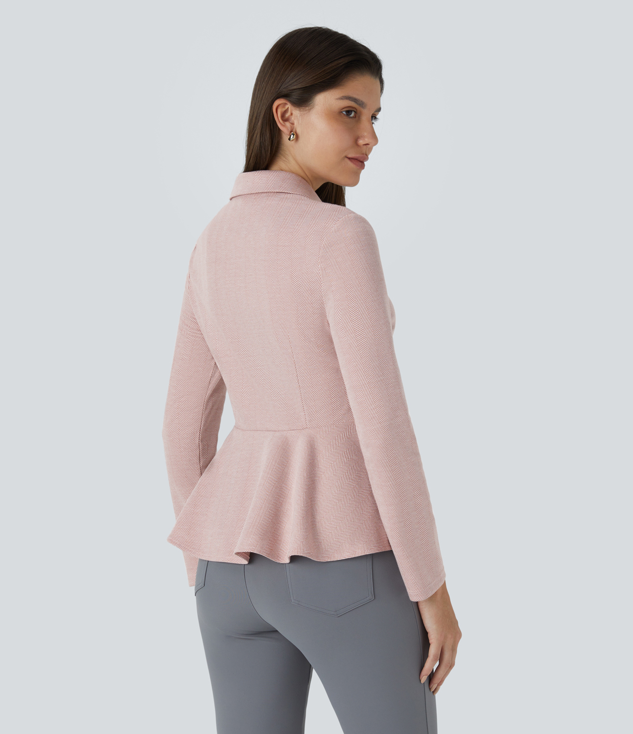 Halara Collared Button Long Sleeve Ruffle Hem Herringbone Work Jacket  - Bean Paste Leaf Texture - L 