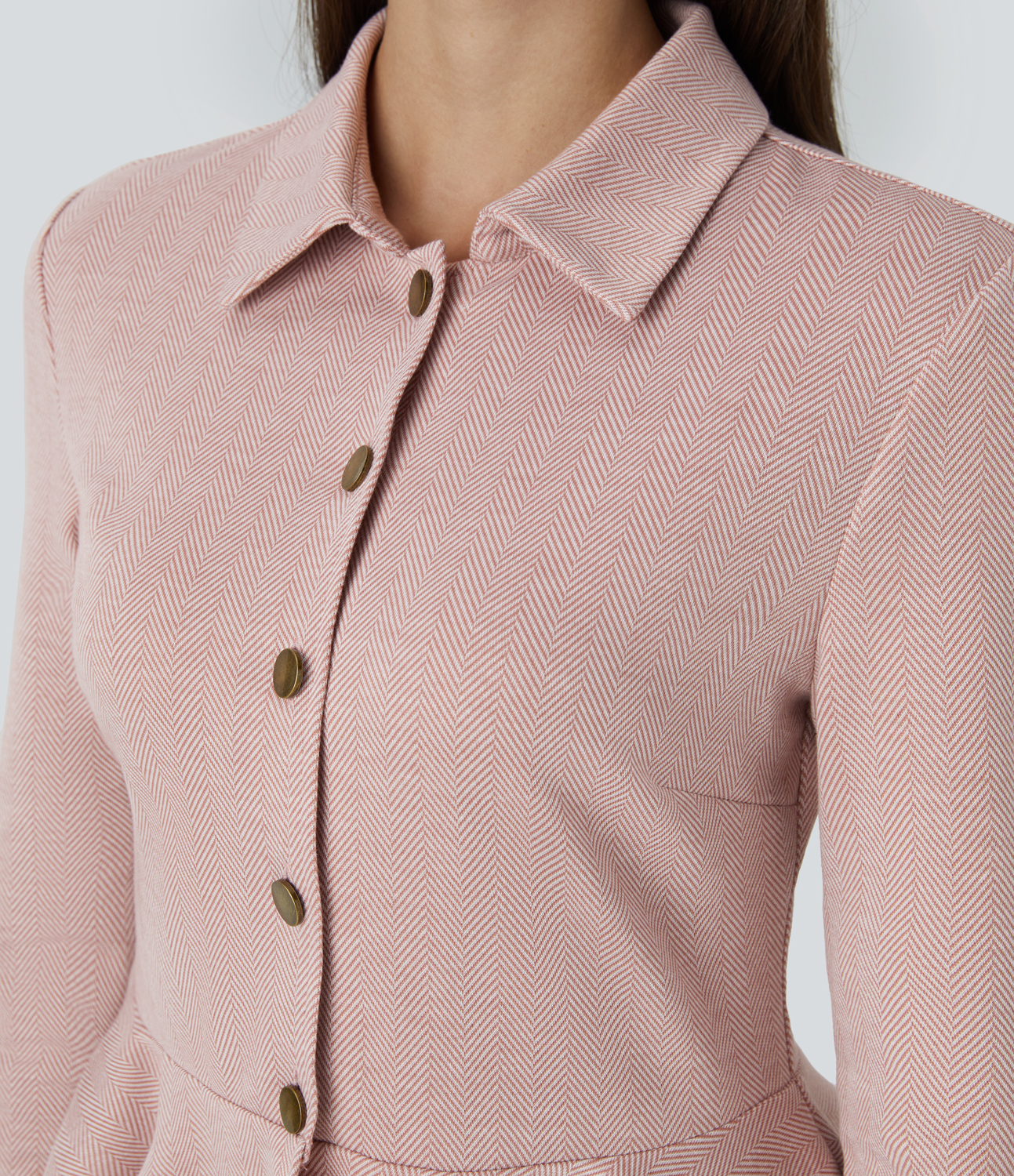 Halara Collared Button Long Sleeve Ruffle Hem Herringbone Work Jacket  - Bean Paste Leaf Texture - L 