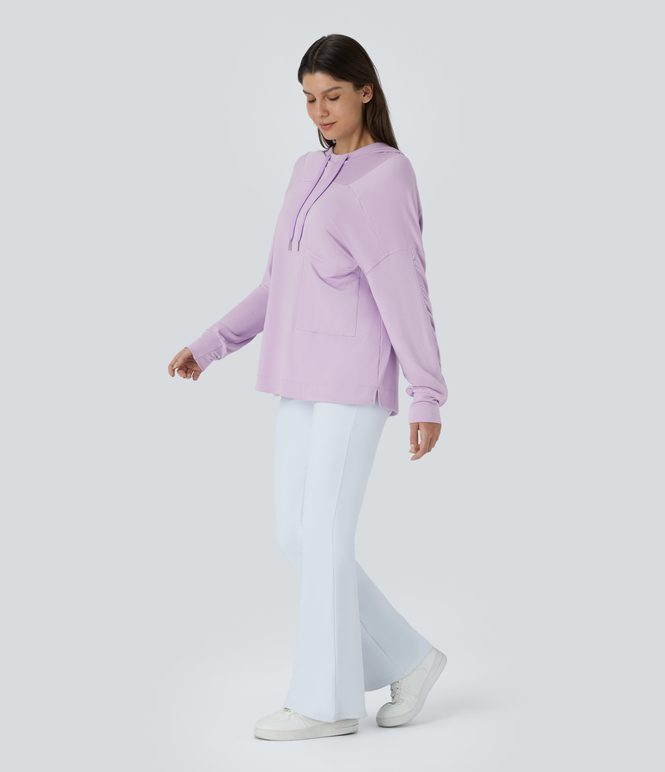 Halara Hooded Drawstring Dropped Shoulder Chest Pocket Oversize Casual Sweatshirt  - Misty Purple - XS 