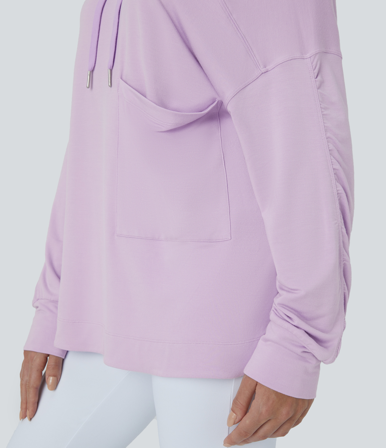 Halara Hooded Drawstring Dropped Shoulder Chest Pocket Oversize Casual Sweatshirt  - Misty Purple - XS 
