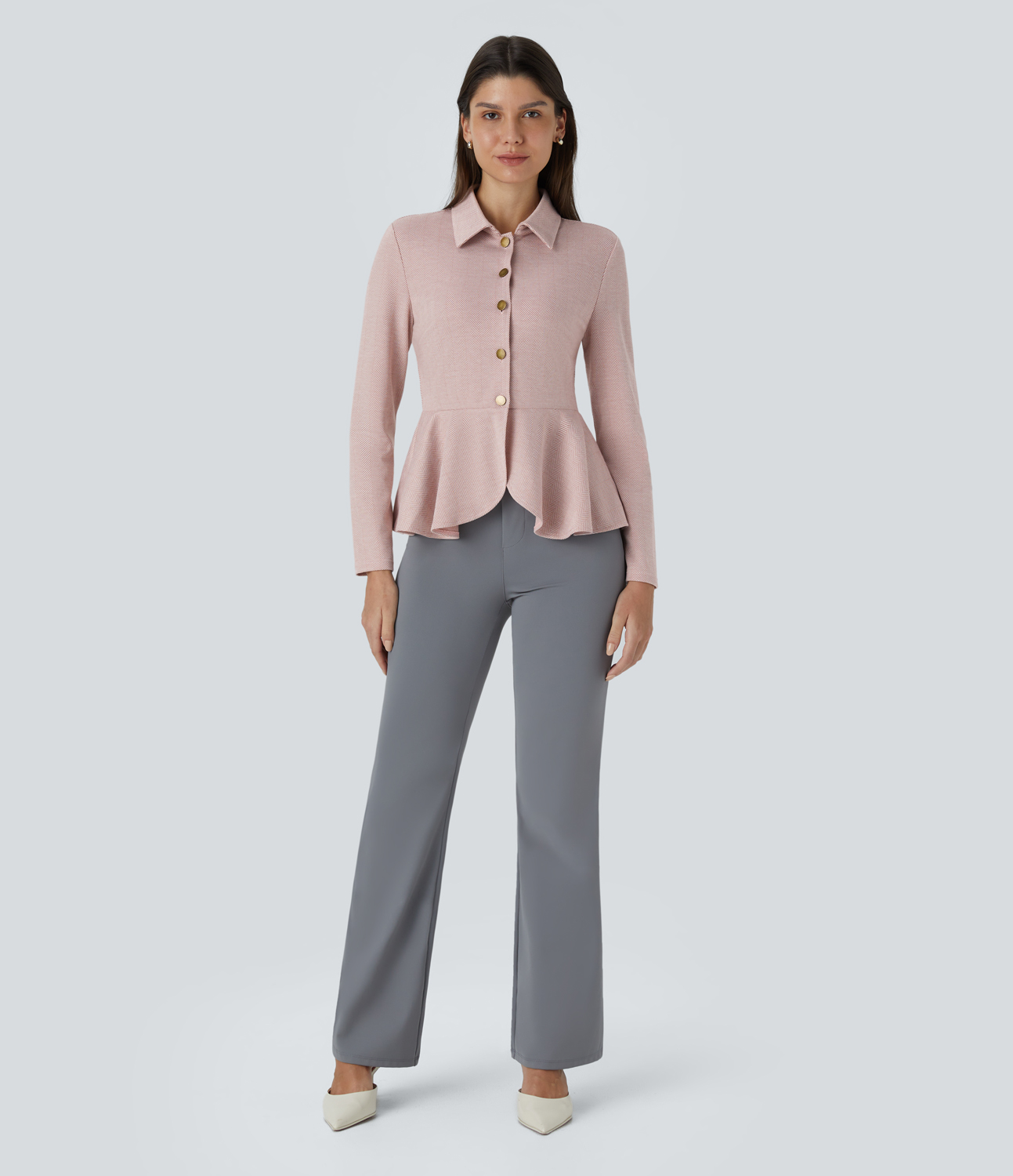 Halara Collared Button Long Sleeve Ruffle Hem Herringbone Work Jacket  - Bean Paste Leaf Texture - L 