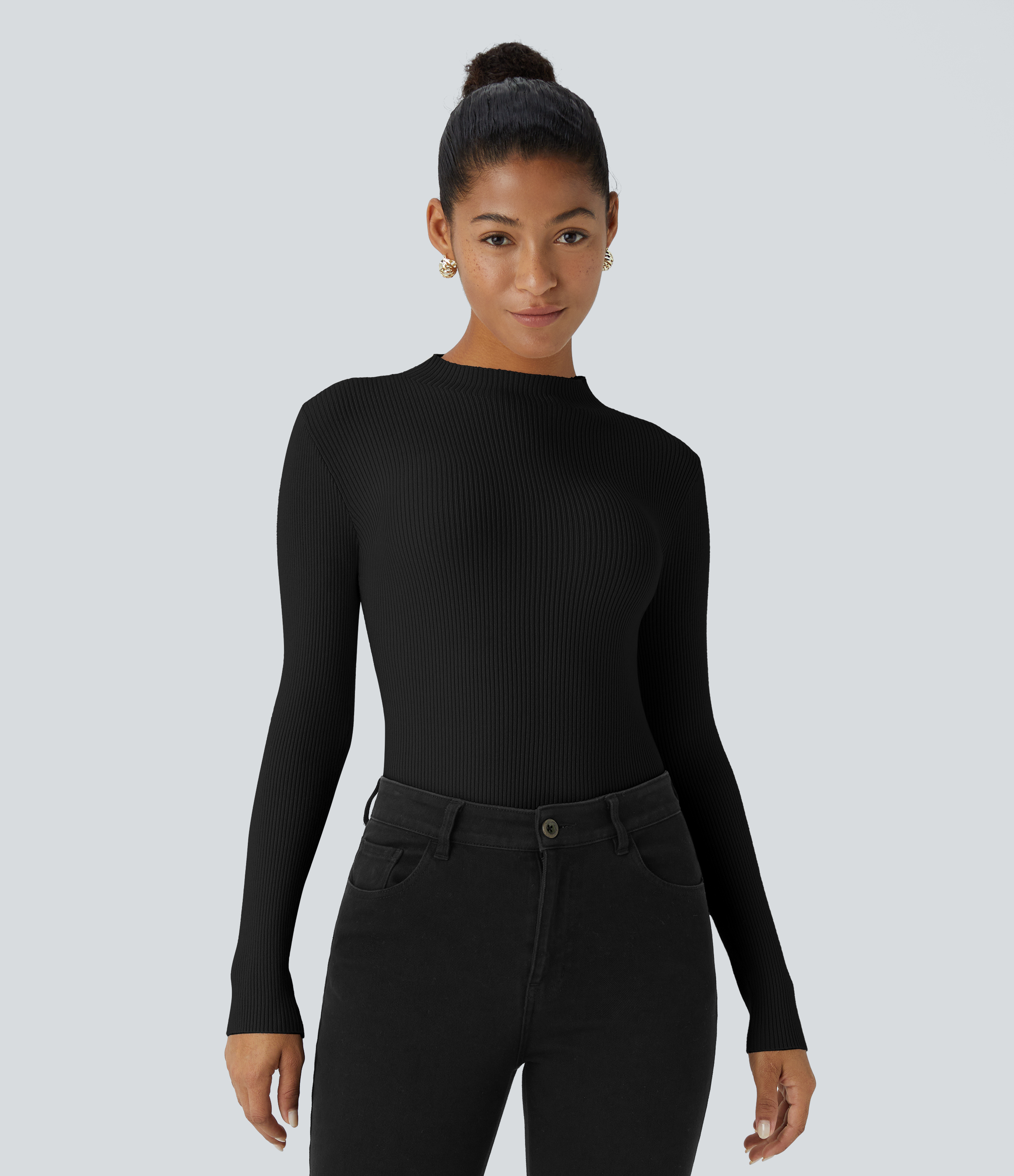 Black Ribbed Knit Round Neck Long Sleeve Casual Sweater / 1