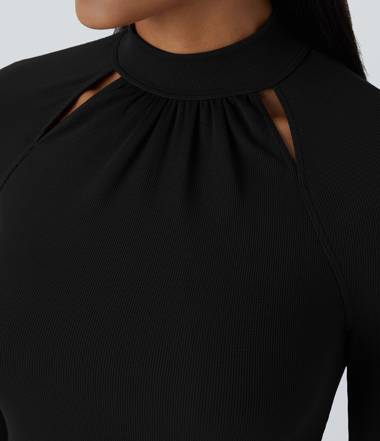 Halara Stand Collar Cut Out Raglan Long Sleeve Maxi Waffle Casual Dress Casual Dress - Black - S slip dress beach dress ruched dress 