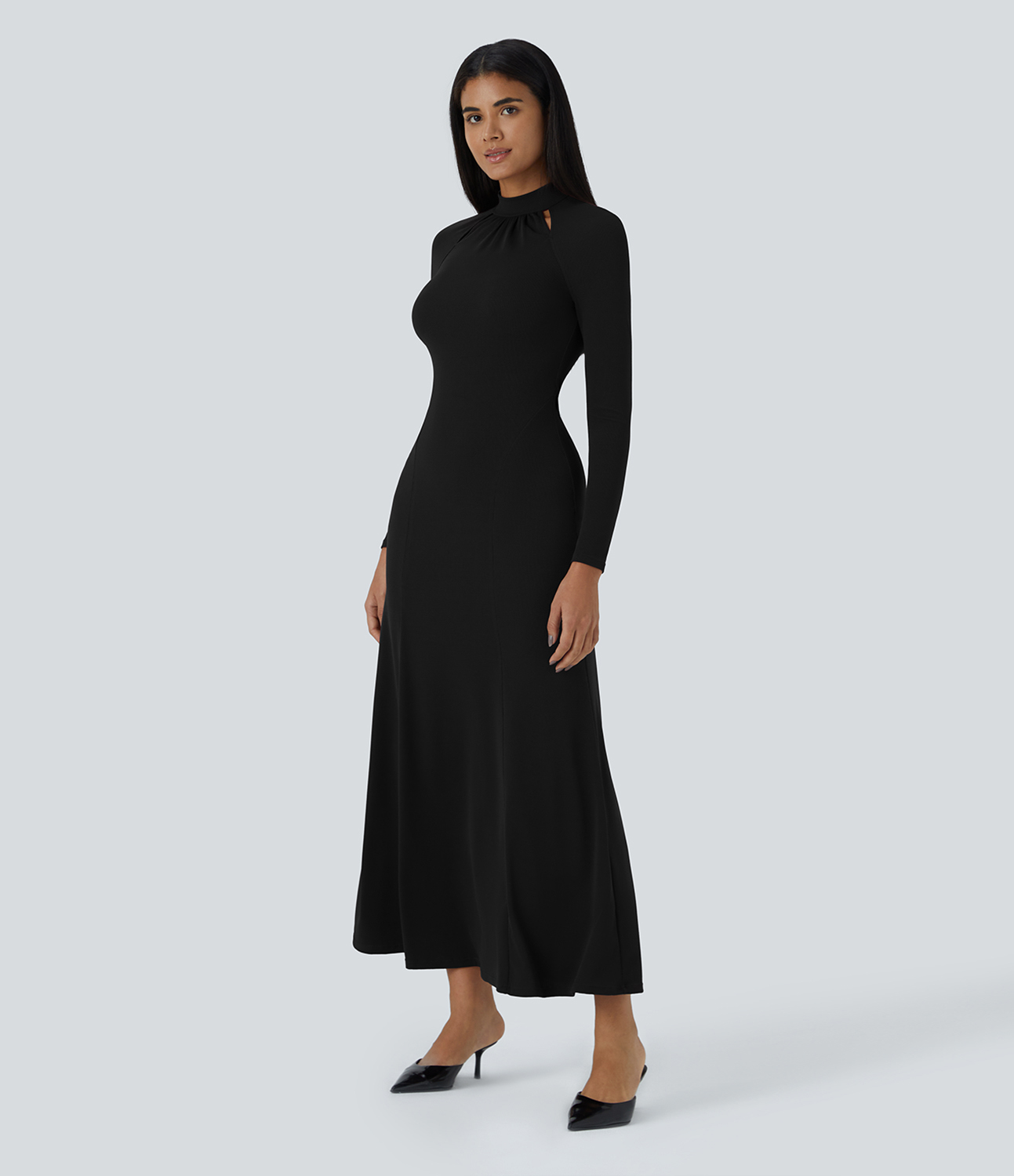 Halara Stand Collar Cut Out Raglan Long Sleeve Maxi Waffle Casual Dress Casual Dress - Black - S slip dress beach dress ruched dress 