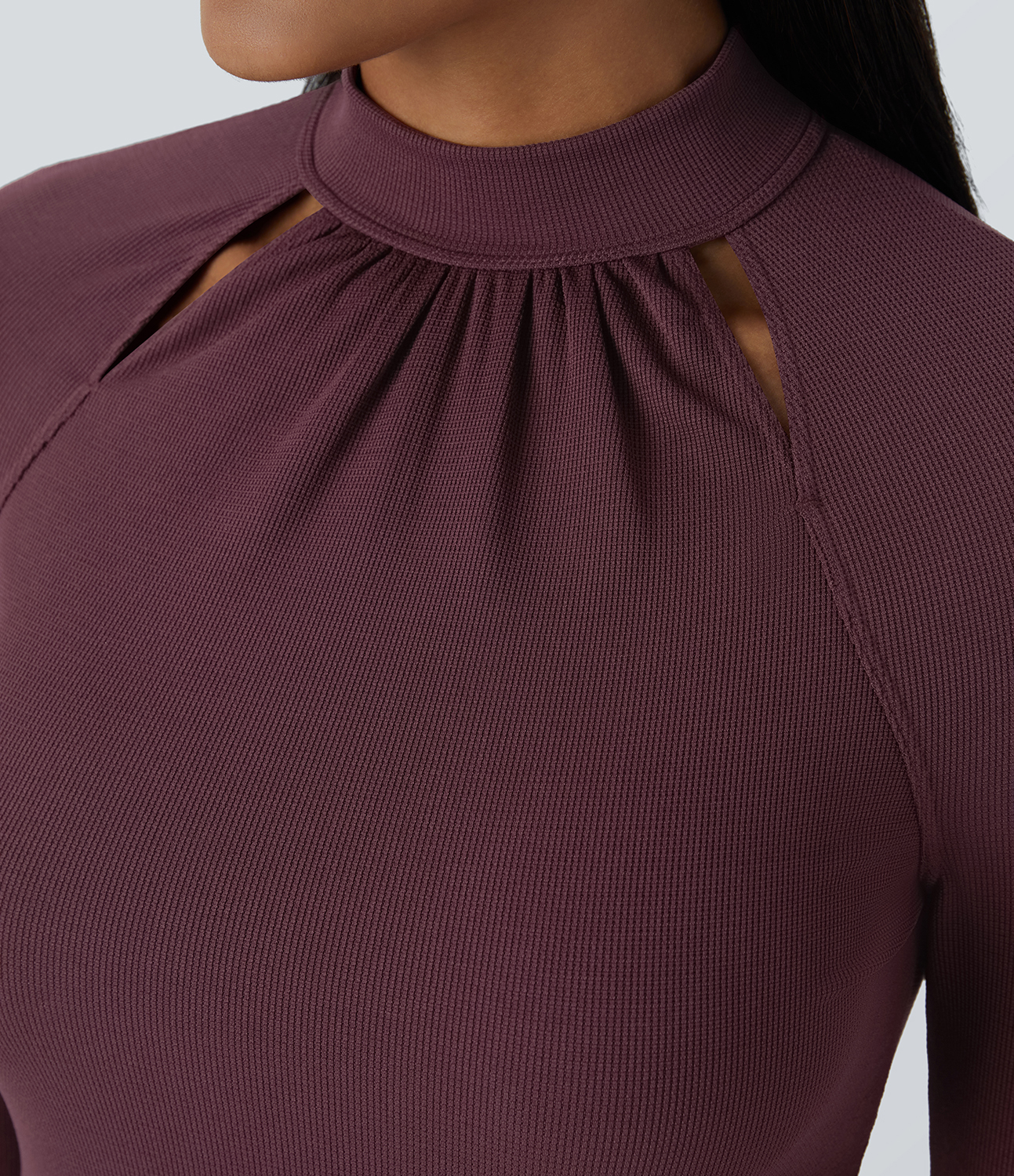 Halara Stand Collar Cut Out Raglan Long Sleeve Maxi Waffle Casual Dress Casual Dress - Evening Red - M slip dress beach dress ruched dress 