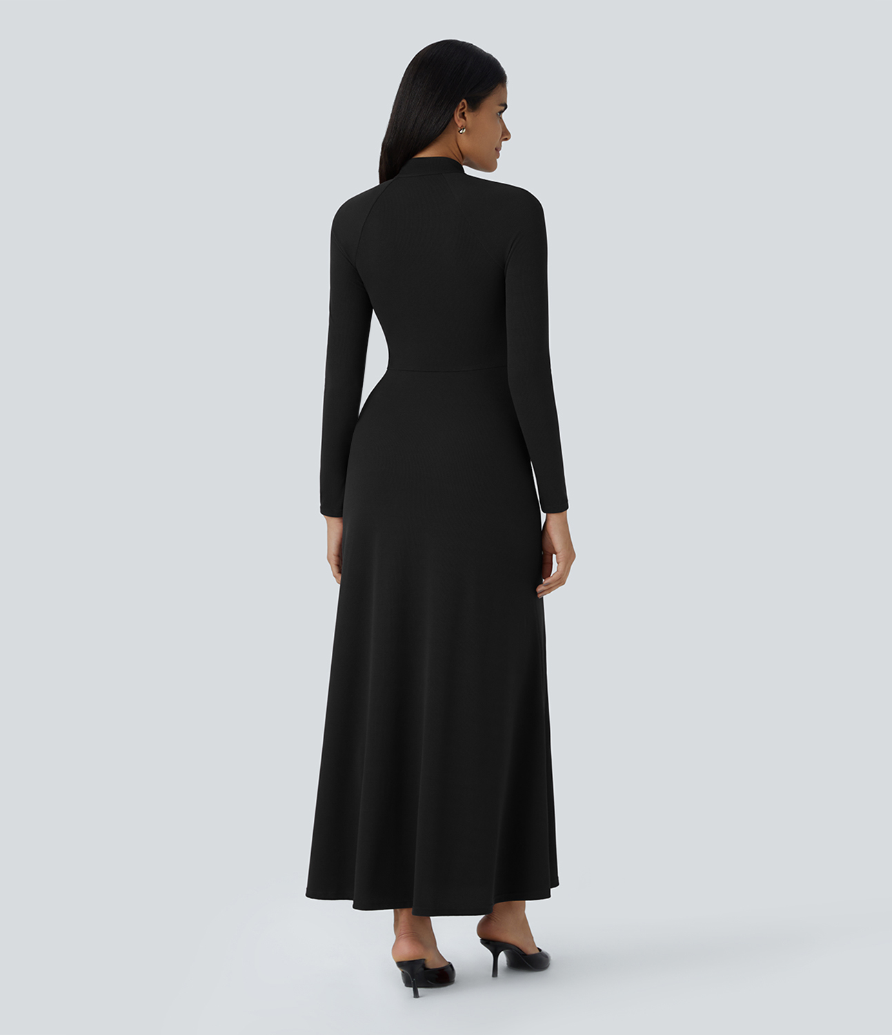 Halara Stand Collar Cut Out Raglan Long Sleeve Maxi Waffle Casual Dress Casual Dress - Black - S slip dress beach dress ruched dress 
