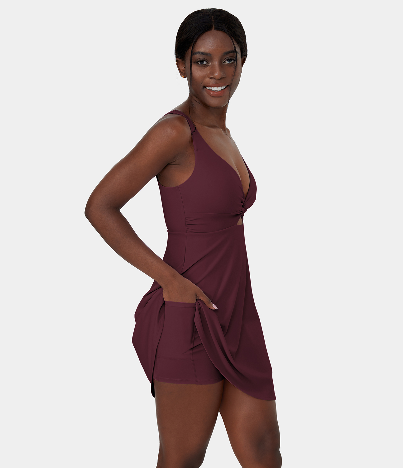 

Halara Softlyzeroв„ў Airy Twisted Backless 2-in-1 Pocket Cool Touch Dance Active Dress-UPF50+ Workout Dress - Berry Red