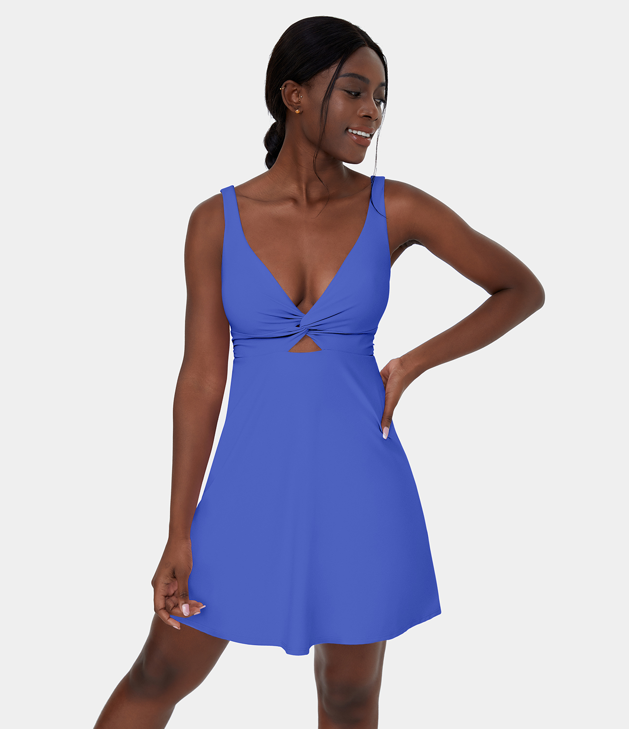 

Halara Softlyzeroв„ў Airy Twisted Backless 2-in-1 Pocket Cool Touch Dance Active Dress-UPF50+ Workout Dress - Aster Blue