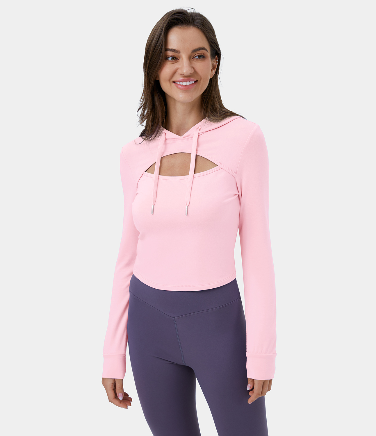 Halara Hooded Drawstring Cut Out Casual Hoodie Sweatshirt  - Barely Pink - M 