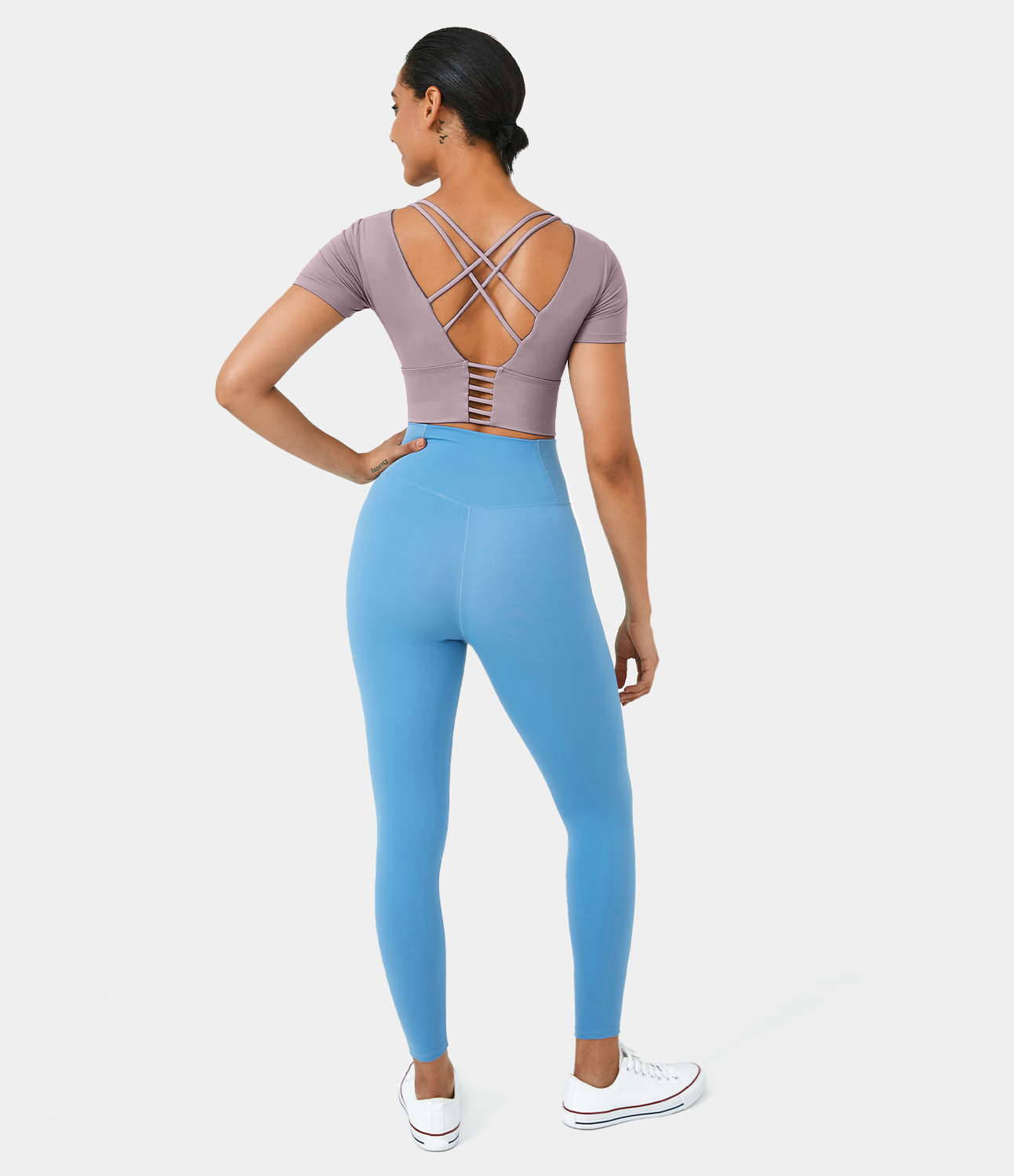 Halara Round Neck Short Sleeve Backless Crisscross Cropped Sports Top  - Iris Purple - XL 