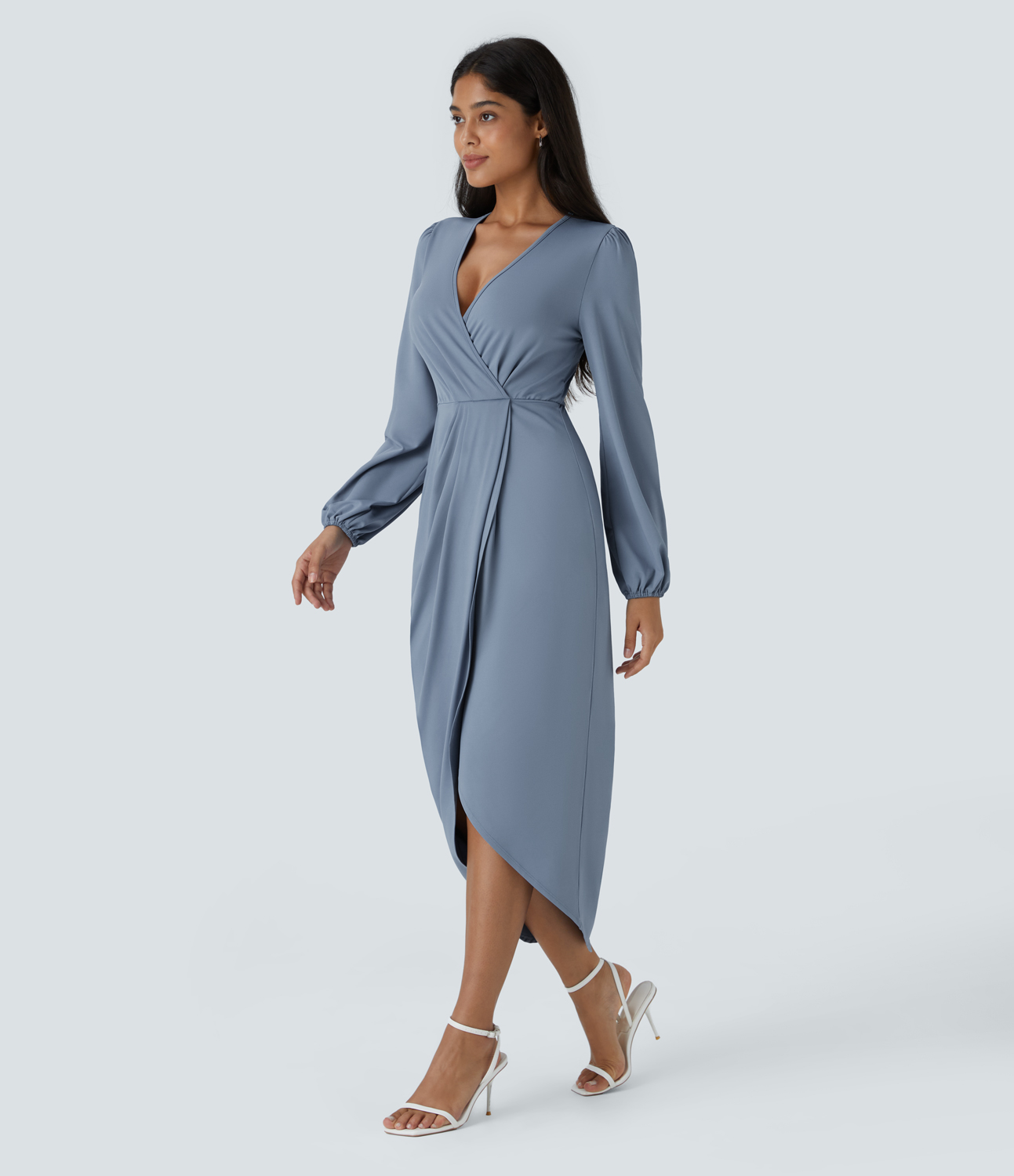 Halara V Neck Long Sleeve Plicated Tulip Hem Midi Party Dress Casual Dress - Rain Washed - XS slip dress beach dress ruched dress 