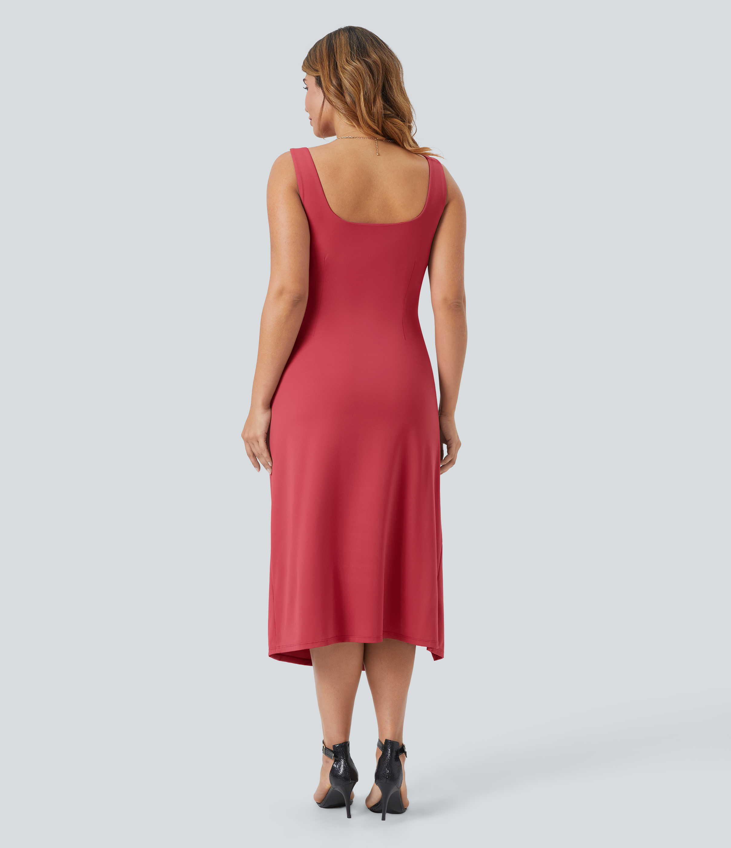 Winterberry Vestido midi Softlyzero™ Airy talla grande cuello cuadrado sin espalda fruncido ajustado abertura / 2