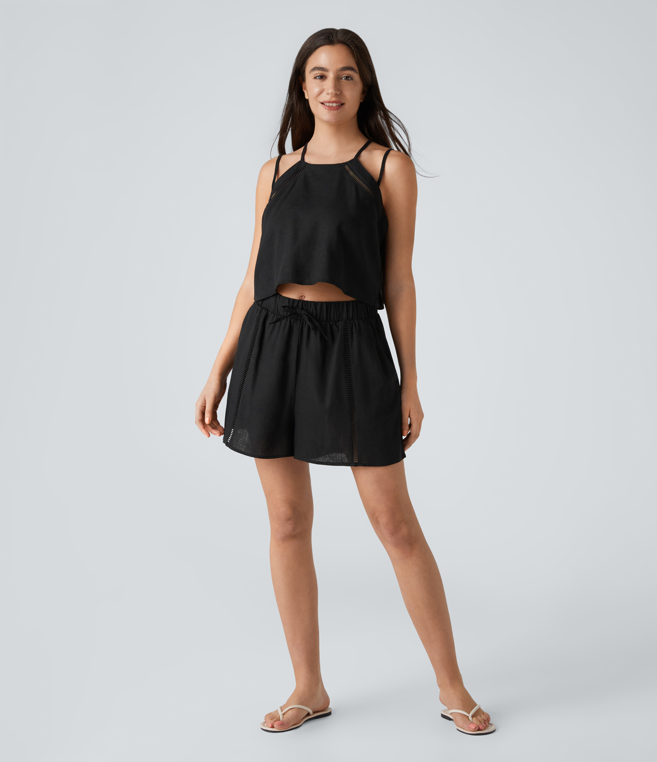 Halara Double Straps Solid Casual Linen-Blend Cami Top Tank Top - Black - S golf tops halter top tunic tops sleeveless tops backless top 