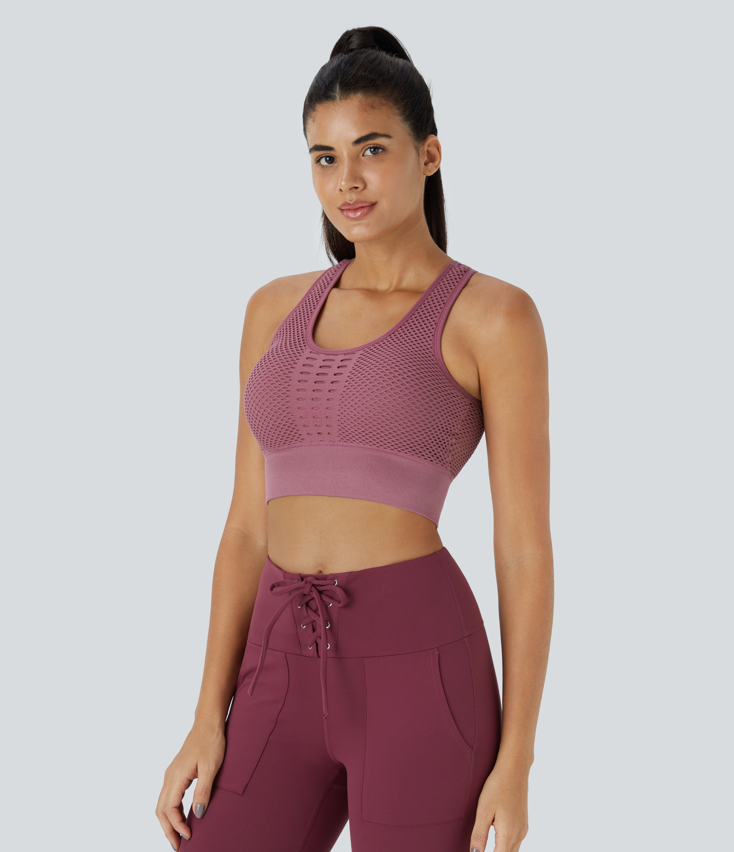 Halara Seamless Flow Low Support Cut Out Patchwork Yoga Sports Bra  - Polignac - M push up bra strapless bra backless bra sticky bra 