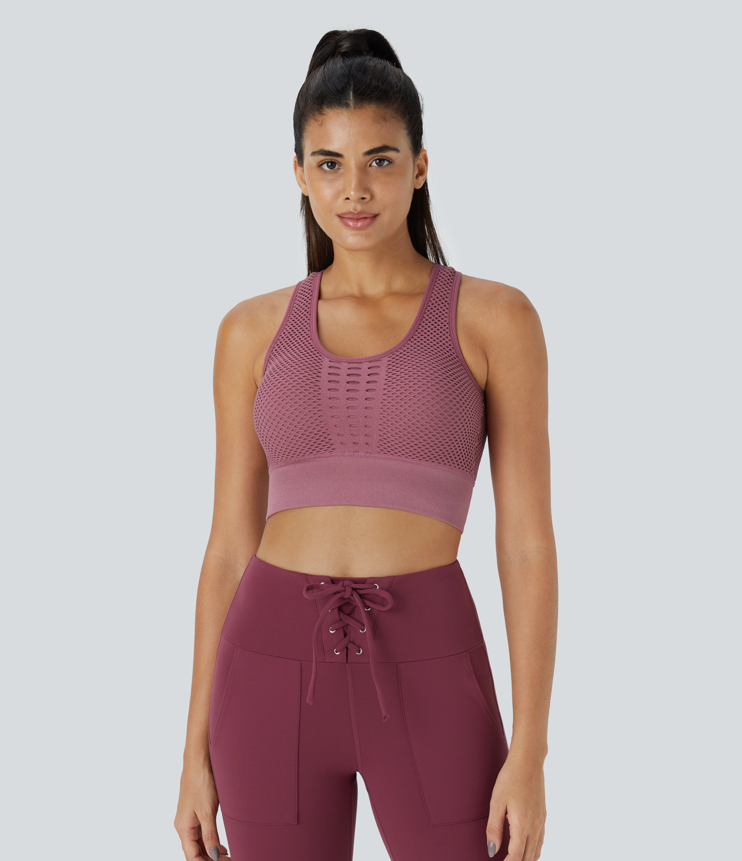 Halara Seamless Flow Low Support Cut Out Patchwork Yoga Sports Bra  - Polignac - M push up bra strapless bra backless bra sticky bra 