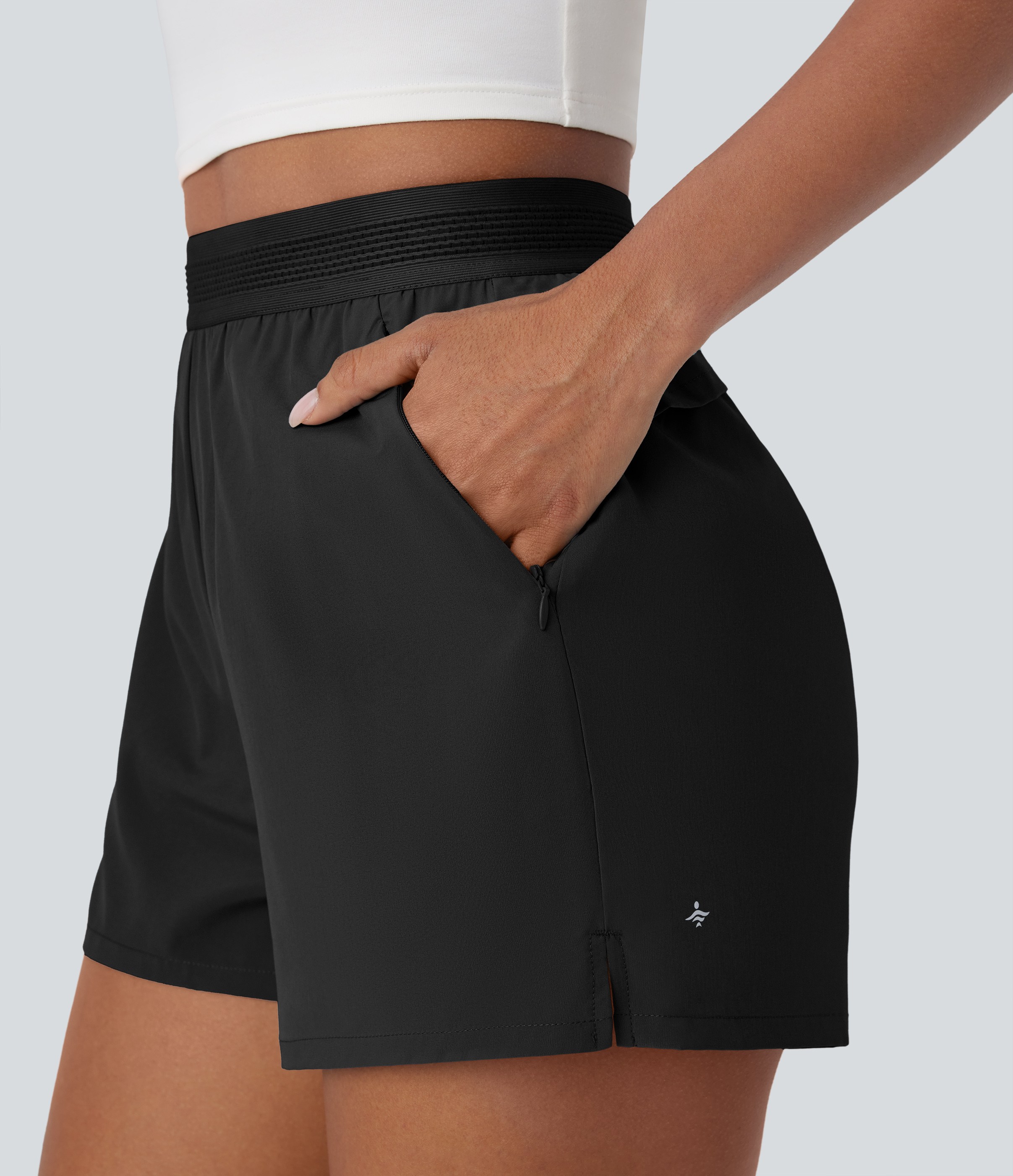 Halara Breezefulв„ў Mid High Waisted Side Zip Pocket Ruffle Split Quick Dry Running Shorts Gym Short - Black - L booty shorts 