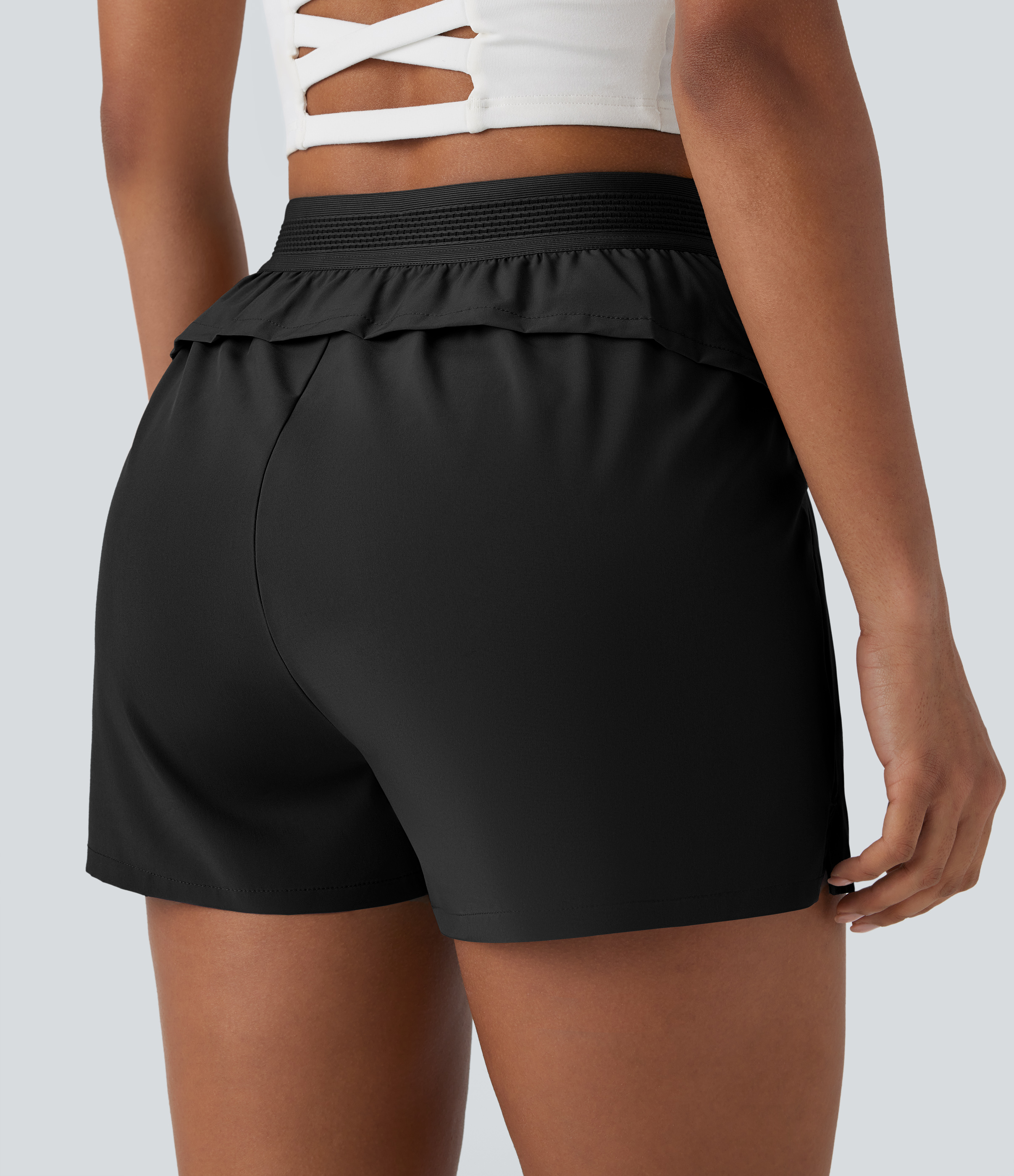 Halara Breezefulв„ў Mid High Waisted Side Zip Pocket Ruffle Split Quick Dry Running Shorts Gym Short - Black - L booty shorts 
