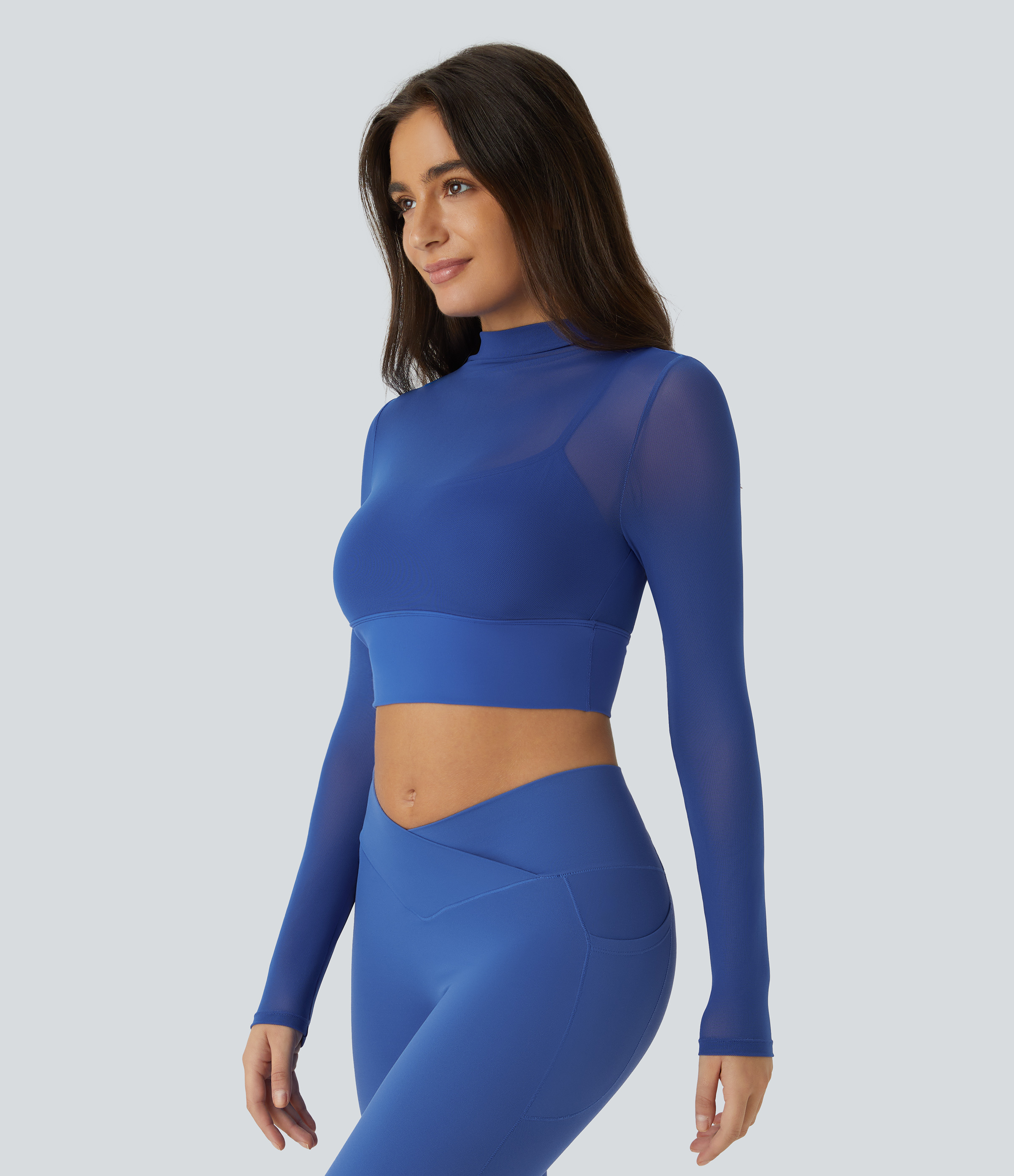 Halara Contrast Mesh Long Sleeve 2-in-1 Cropped Workout Sports Top  - Deep Ultramarine - XS 