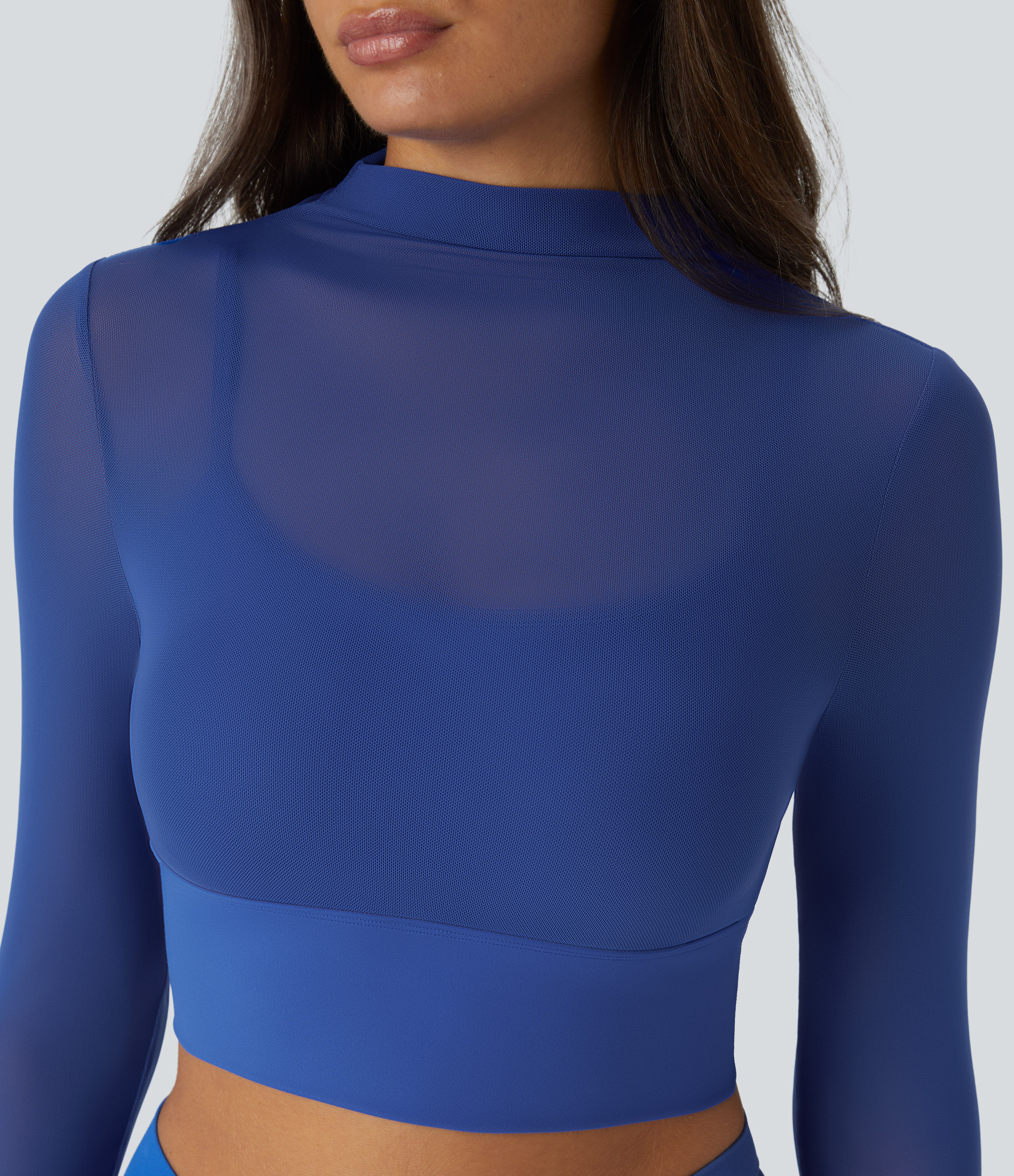 Halara Contrast Mesh Long Sleeve 2-in-1 Cropped Workout Sports Top  - Deep Ultramarine - XS 