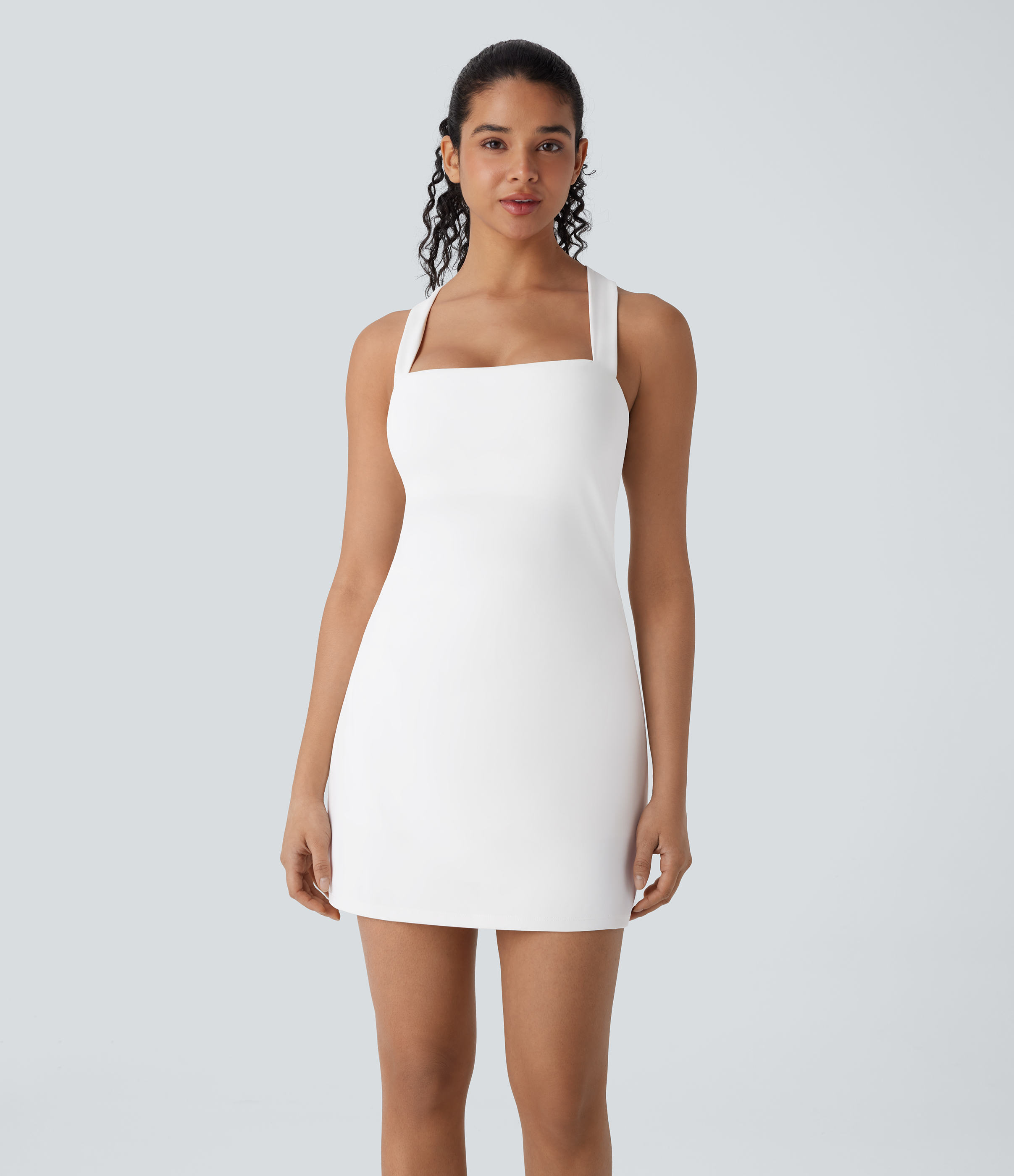 Halara Softlyzeroв„ў QuickDry Crisscross Backless Square Neck Sleeveless Side Pockets 2-Piece Mini Yoga Active Dress Workout Dress - White - S 