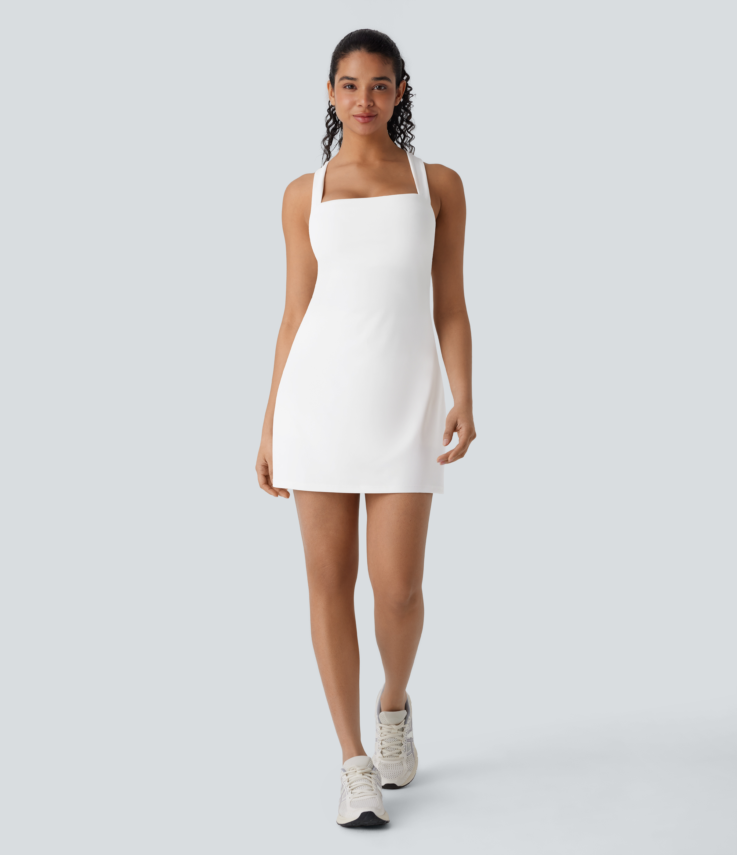 Halara Softlyzeroв„ў QuickDry Crisscross Backless Square Neck Sleeveless Side Pockets 2-Piece Mini Yoga Active Dress Workout Dress - White - S 