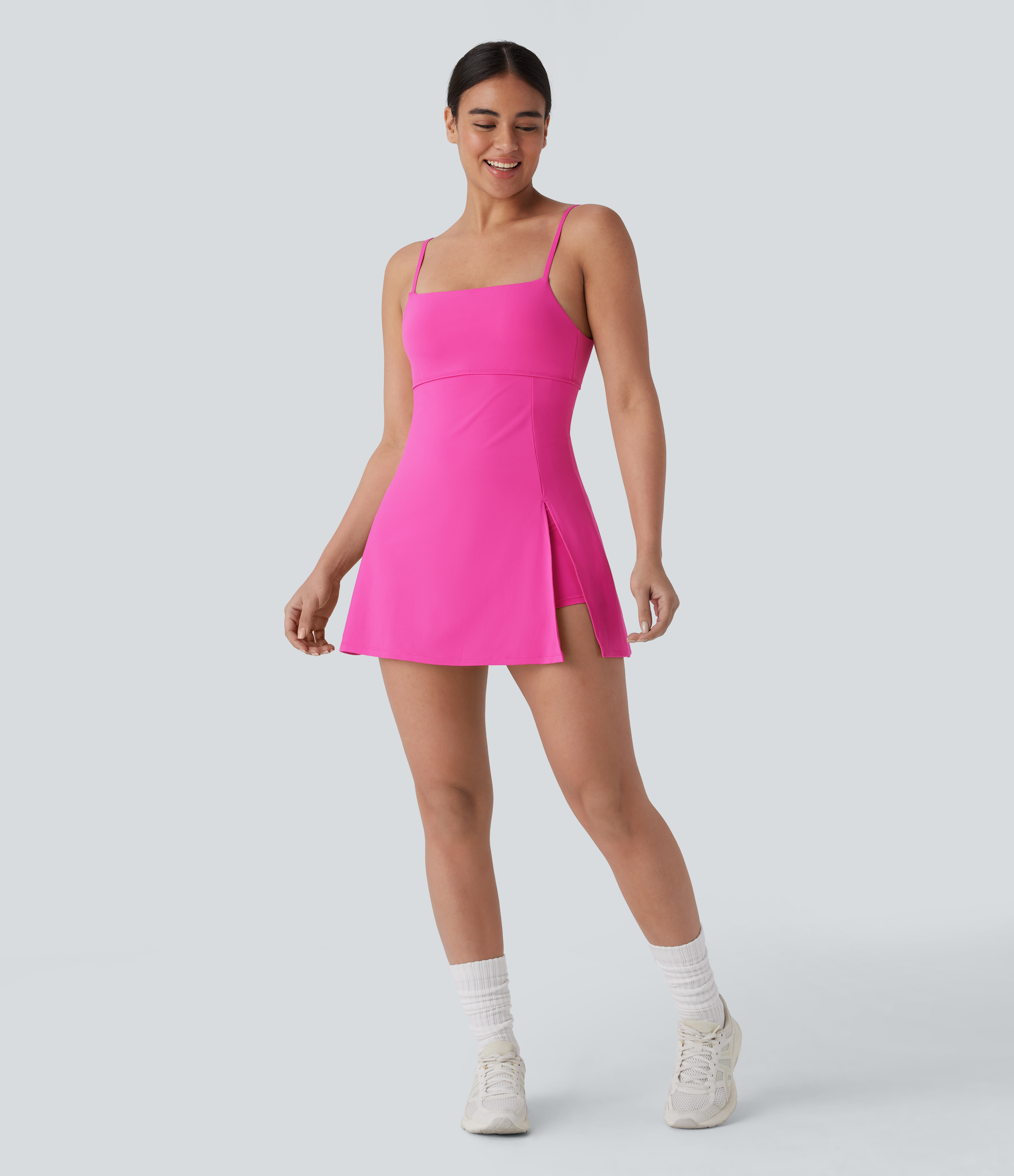 Halara Backless Adjustable Strap Split 2-in-1 Side Pocket Mini Pickleball Active Slip Dress Workout Dress - Hot Pink - XS 