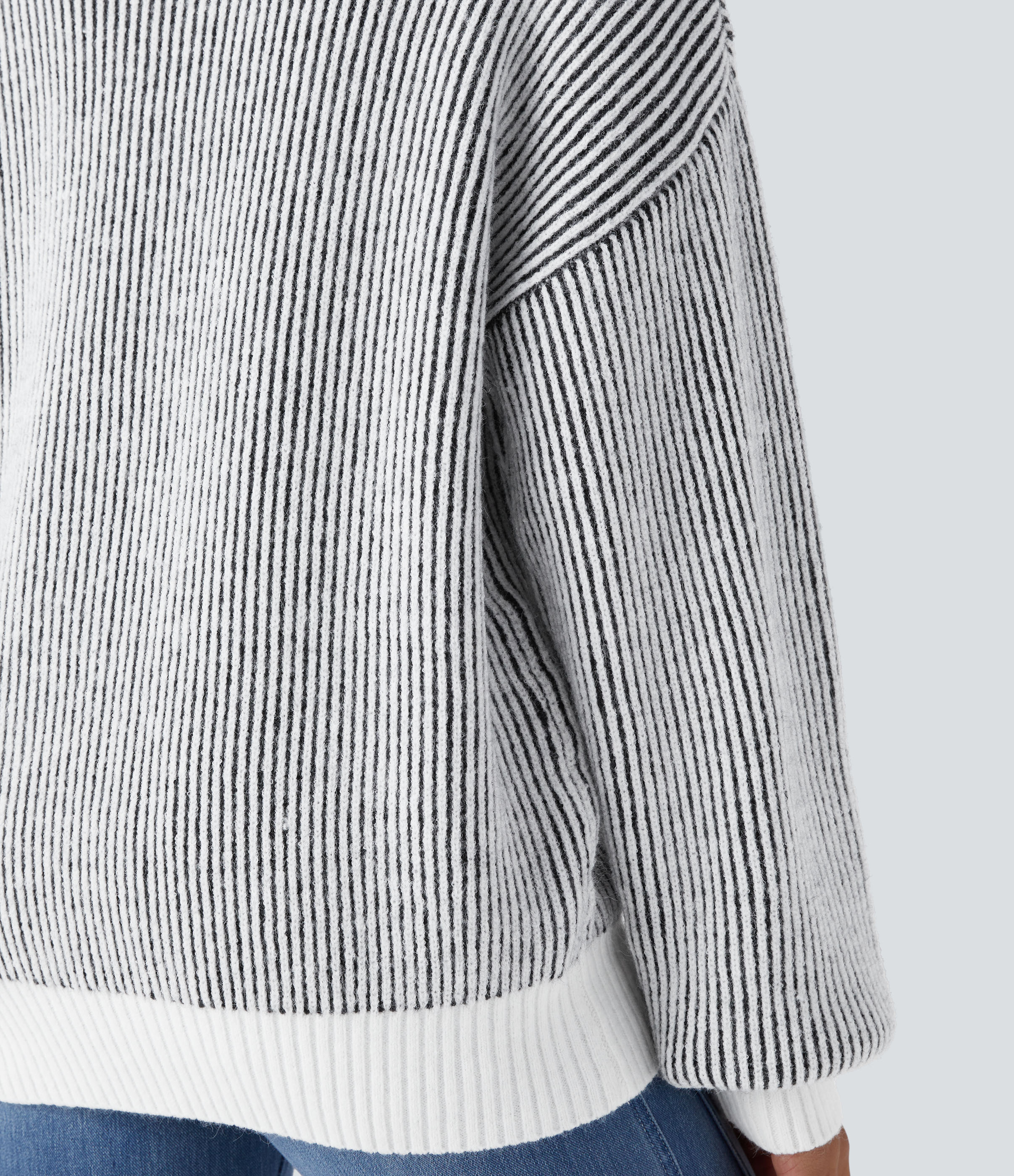 Halara Round Neck Long Sleeve Color Block Stripe Casual Sweater  - Black - L 