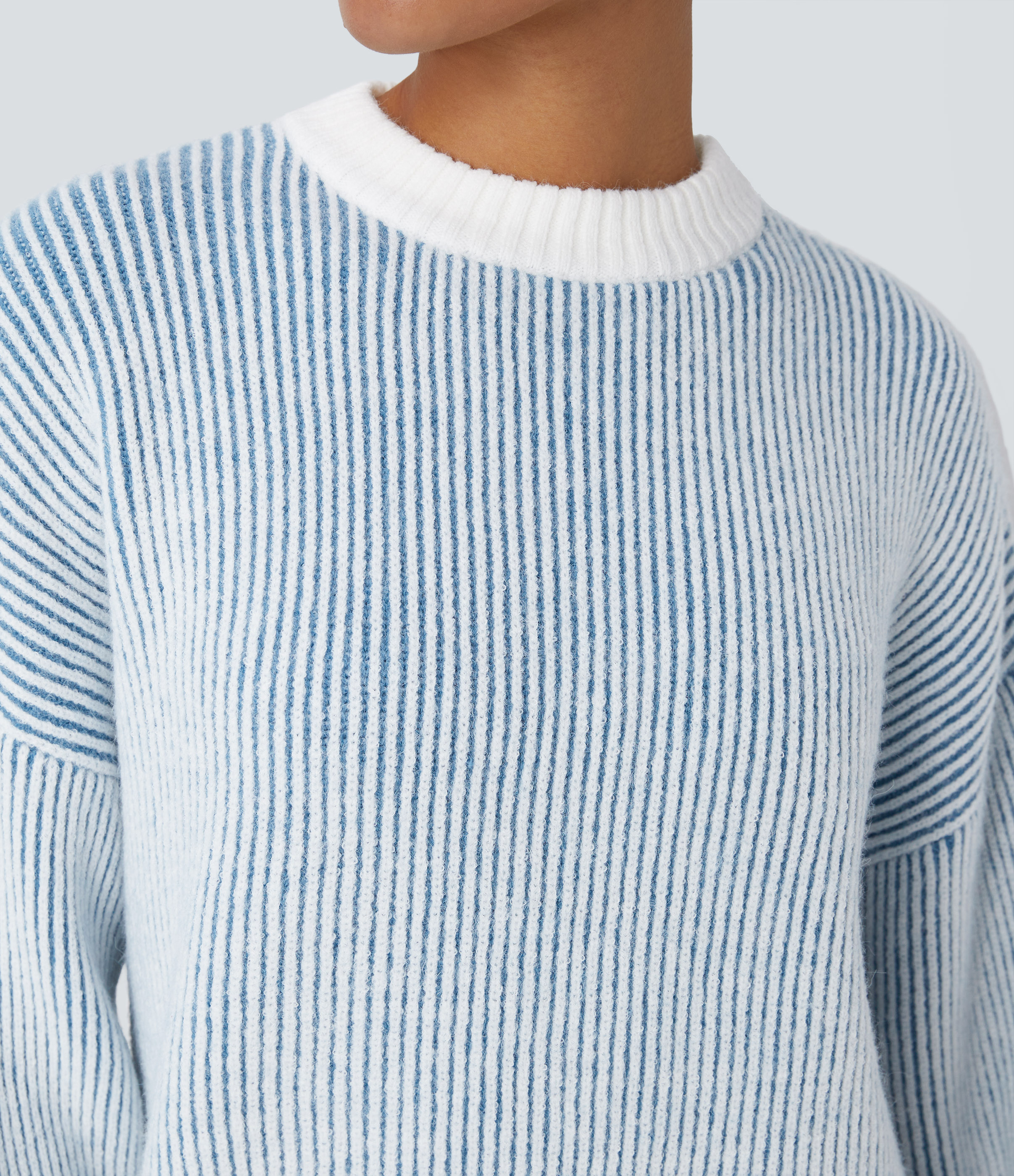 Halara Round Neck Long Sleeve Color Block Stripe Casual Sweater  - Pearl Blue - S 