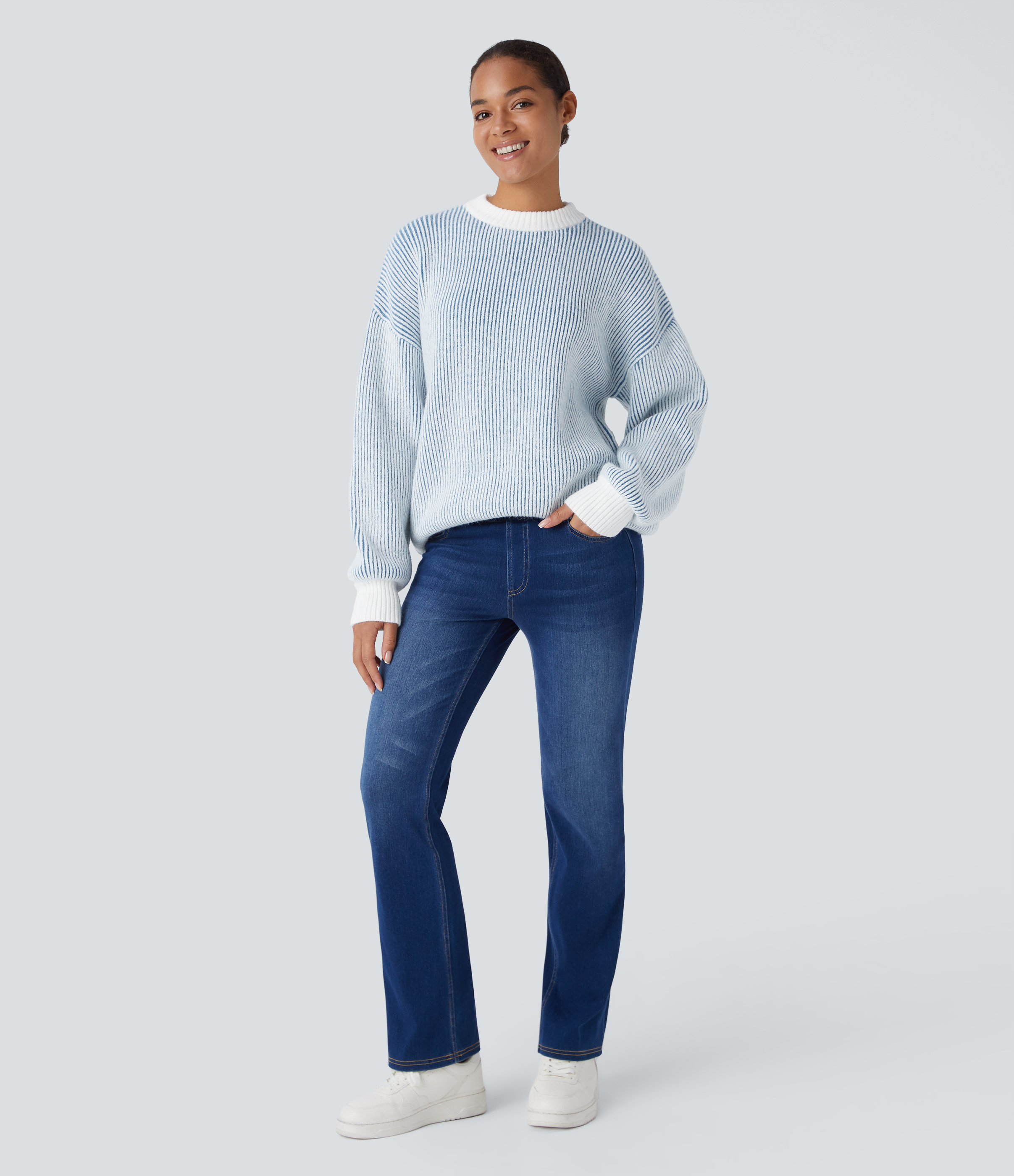 Halara Round Neck Long Sleeve Color Block Stripe Casual Sweater  - Pearl Blue - S 