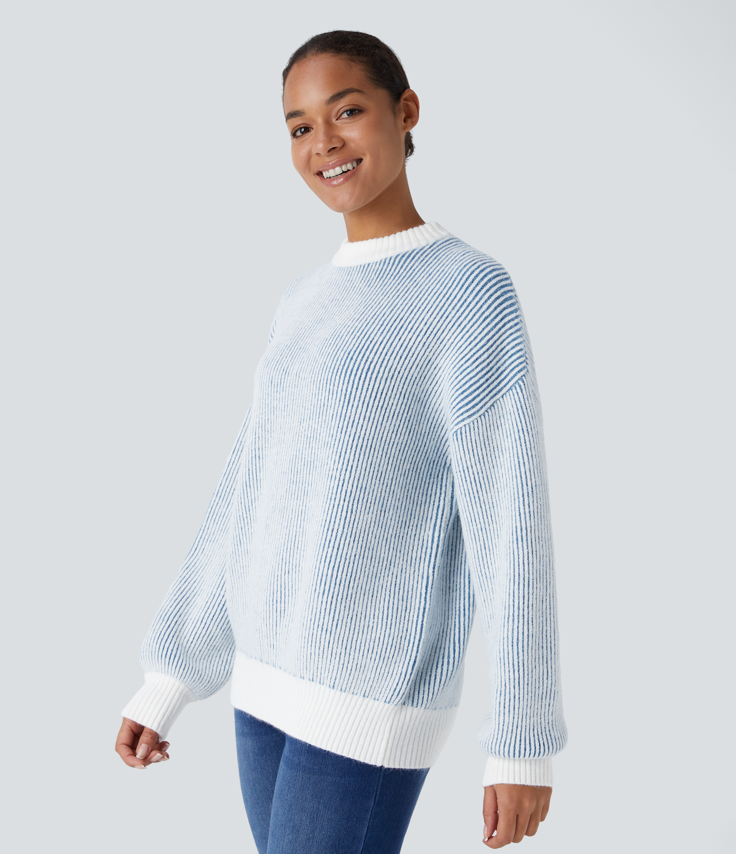 Halara Round Neck Long Sleeve Color Block Stripe Casual Sweater  - Pearl Blue - S 