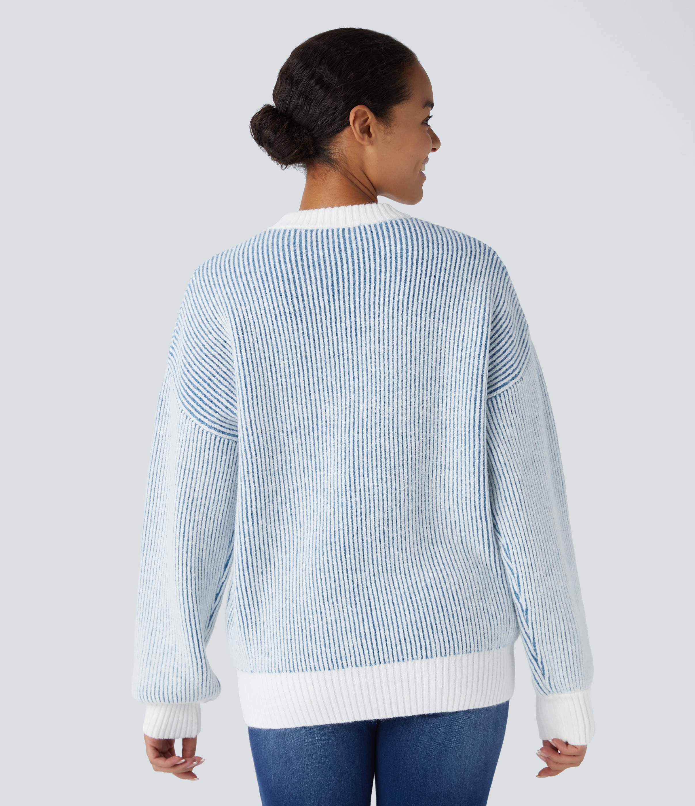 Halara Round Neck Long Sleeve Color Block Stripe Casual Sweater  - Pearl Blue - S 