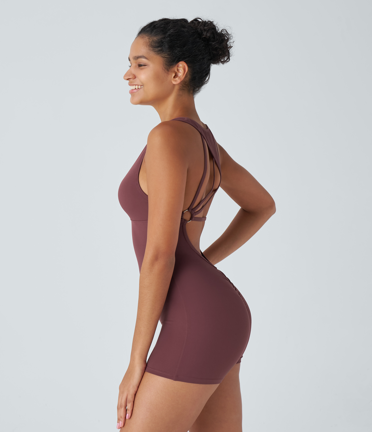 

Halara Softlyzeroв„ў Backless Ruched Twisted Cut Out Skinny Yoga Romper-UPF50+ Workout Dress - Red Mahogany