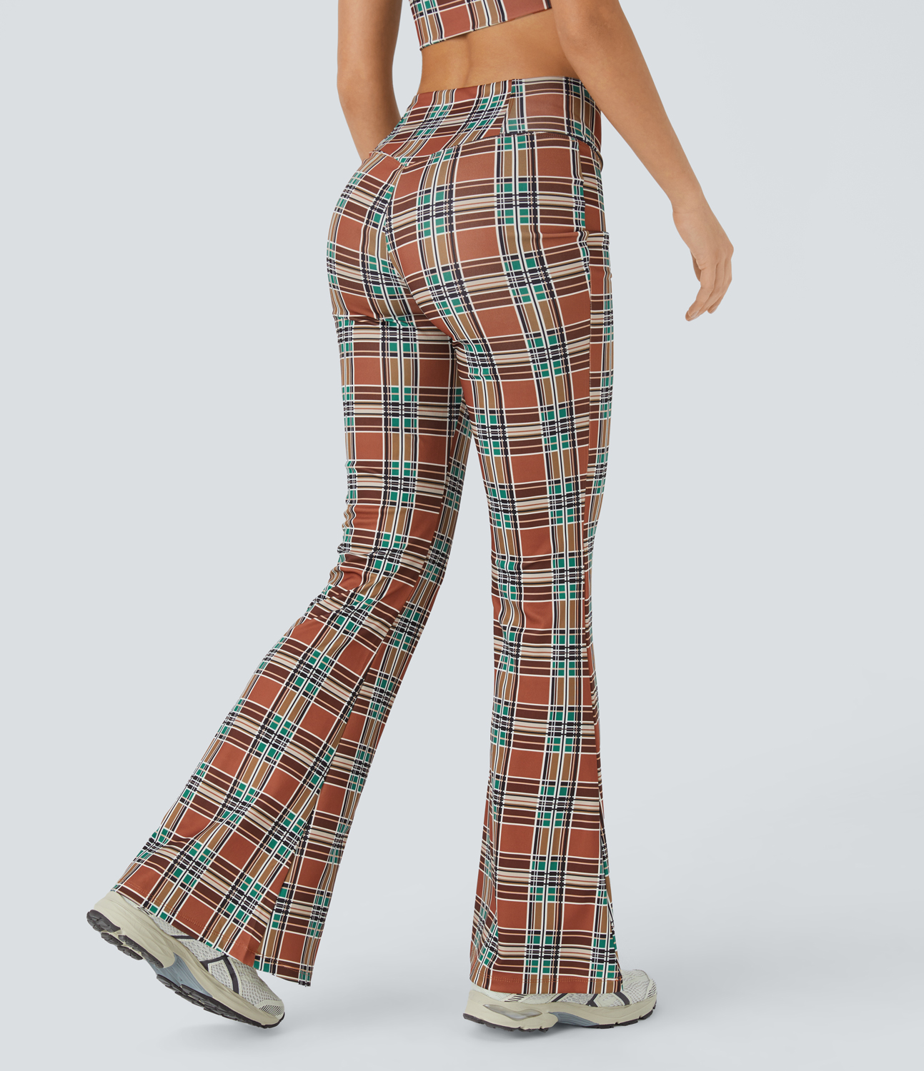 Halara High Waisted Crossover Vintage Plaid Casual Super Flare Pants  - Red Green Plaid - S 