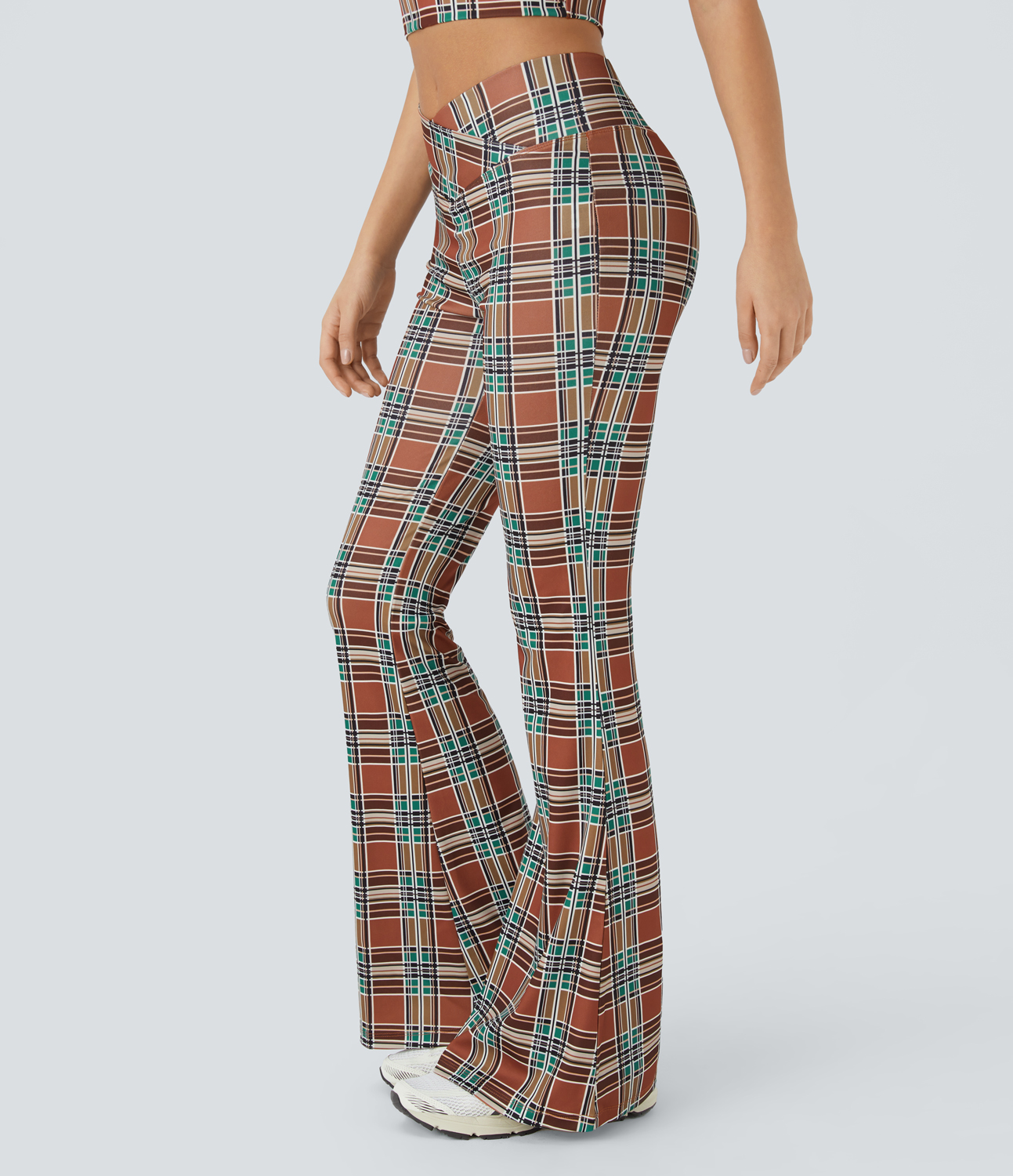 Halara High Waisted Crossover Vintage Plaid Casual Super Flare Pants  - Red Green Plaid - S 