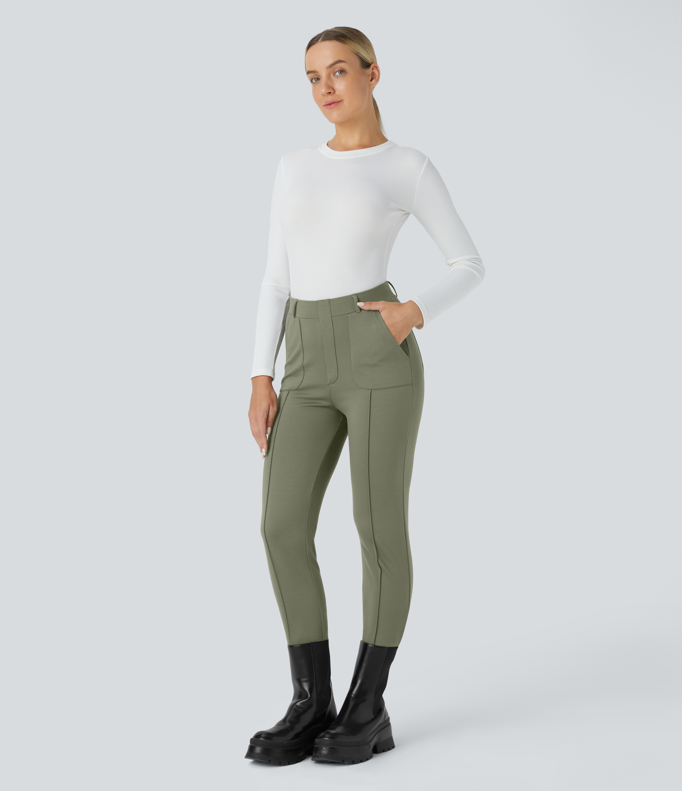 Halara High Waisted Multiple Pockets Pick-Stitching Work Capri Pants  - Oil Green - XL(regular) sweatpants jogger pants stacked sweatpants 