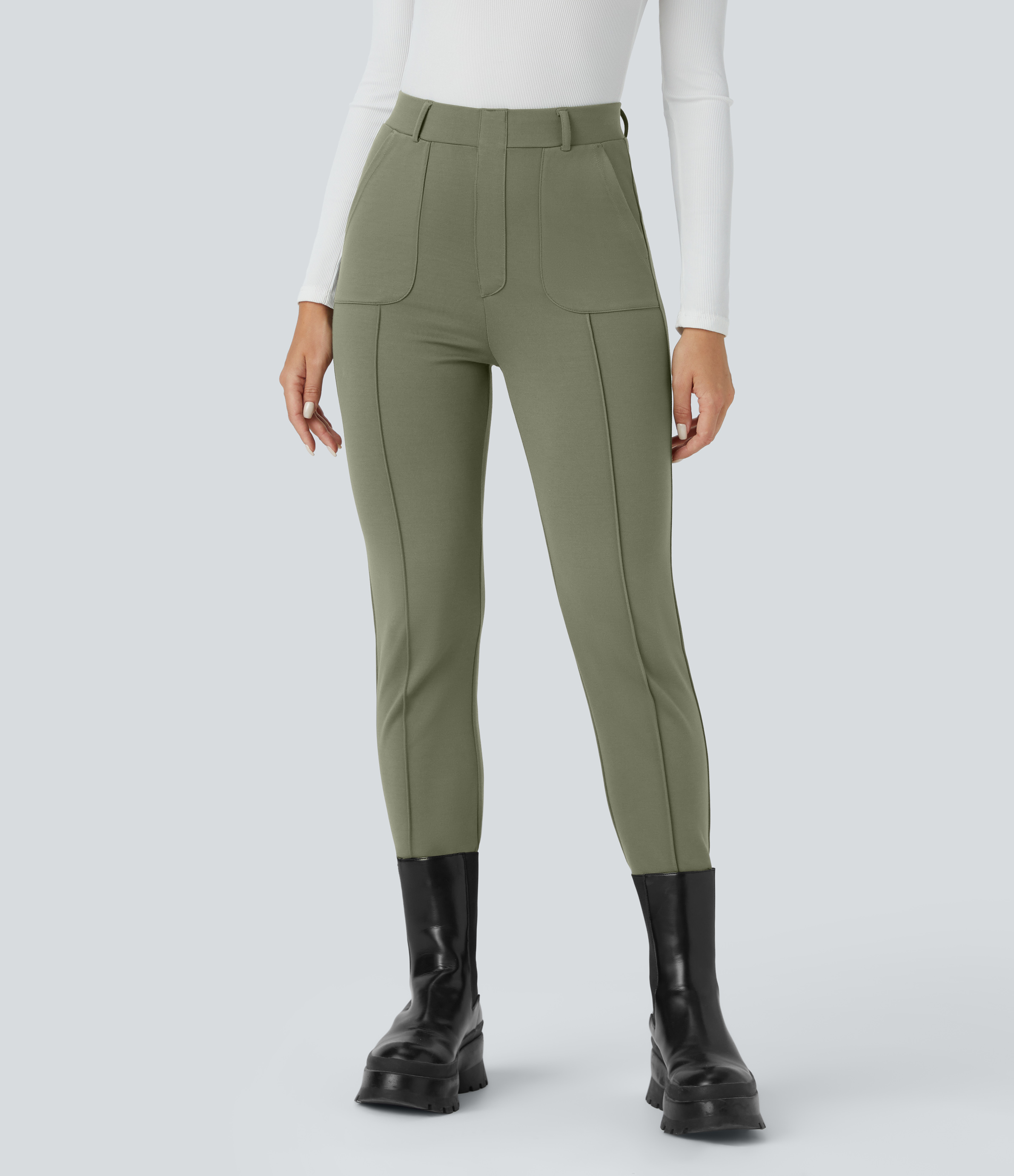 Halara High Waisted Multiple Pockets Pick-Stitching Work Capri Pants  - Oil Green - XL(regular) sweatpants jogger pants stacked sweatpants 