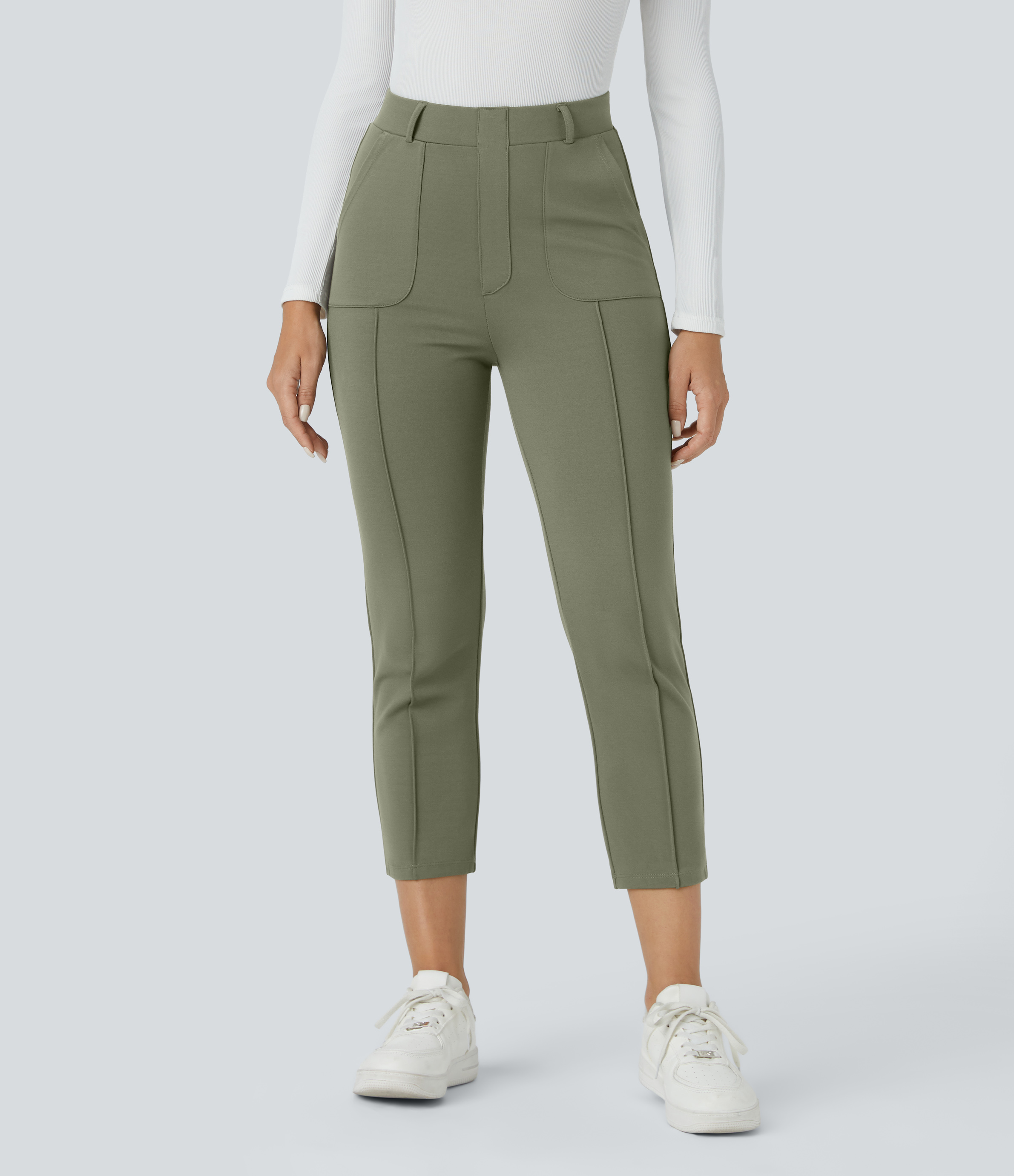 Halara High Waisted Multiple Pockets Pick-Stitching Work Capri Pants  - Oil Green - XL(regular) sweatpants jogger pants stacked sweatpants 