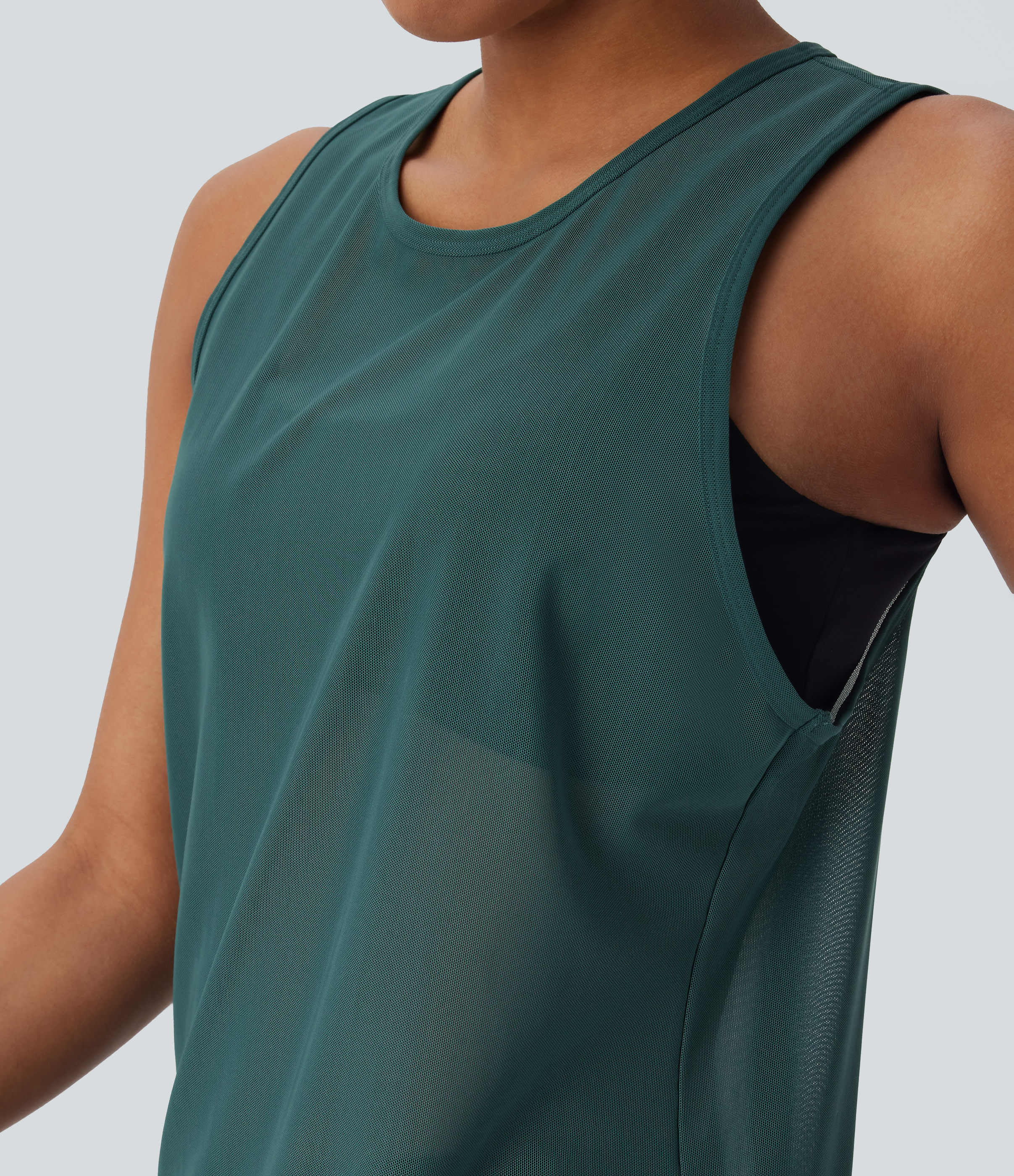 Halara Sheer Round Neck Mesh Longline Running Tank Top Tank Top - Dark Sea - XS golf tops halter top tunic tops sleeveless tops backless top 
