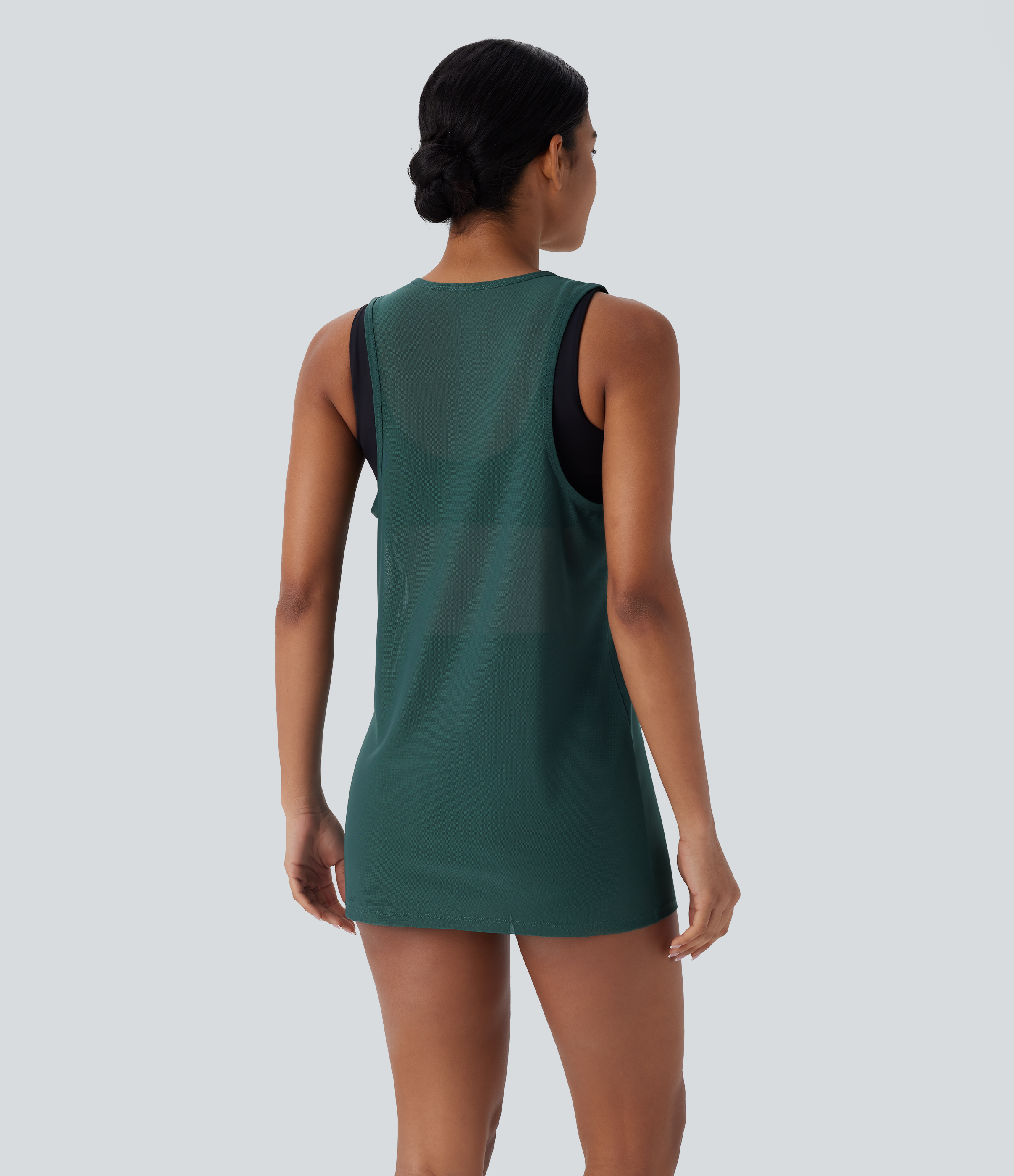 Halara Sheer Round Neck Mesh Longline Running Tank Top Tank Top - Dark Sea - XS golf tops halter top tunic tops sleeveless tops backless top 