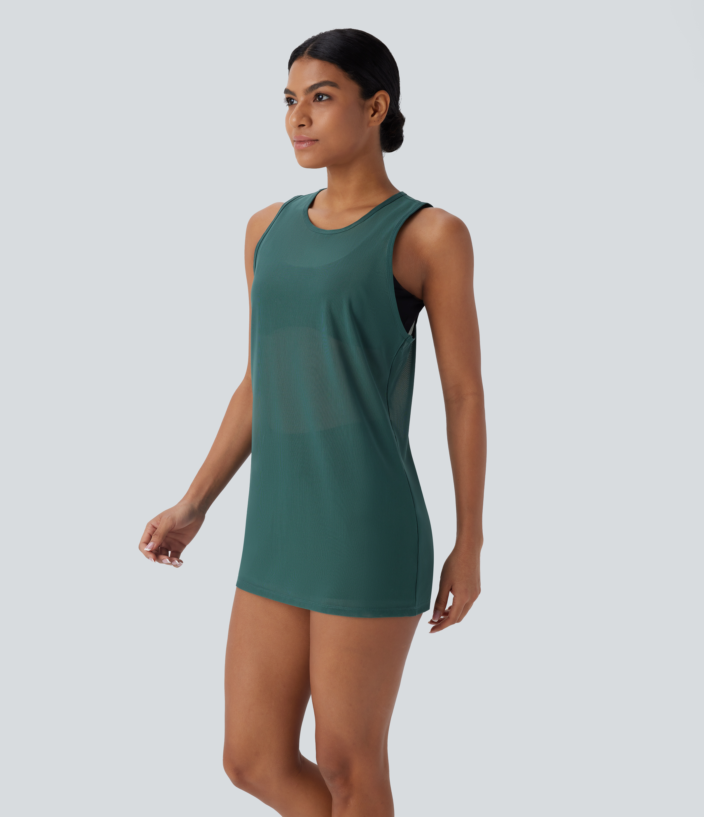 Halara Sheer Round Neck Mesh Longline Running Tank Top Tank Top - Dark Sea - XS golf tops halter top tunic tops sleeveless tops backless top 