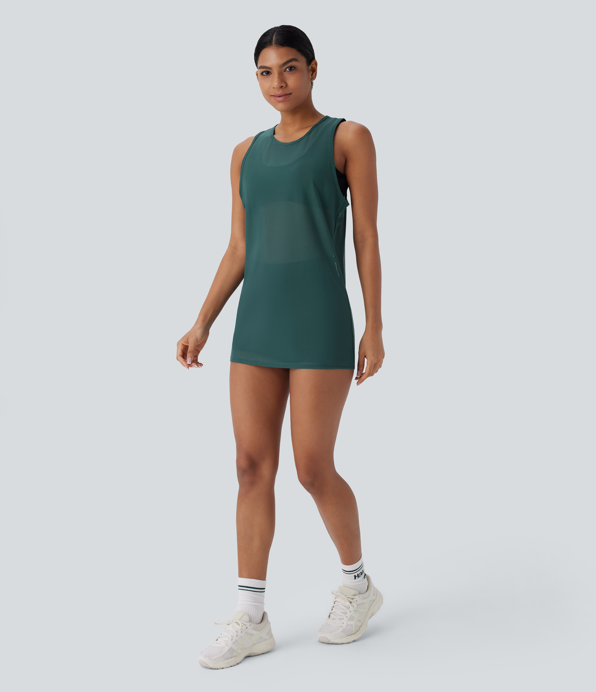 Halara Sheer Round Neck Mesh Longline Running Tank Top Tank Top - Dark Sea - XS golf tops halter top tunic tops sleeveless tops backless top 