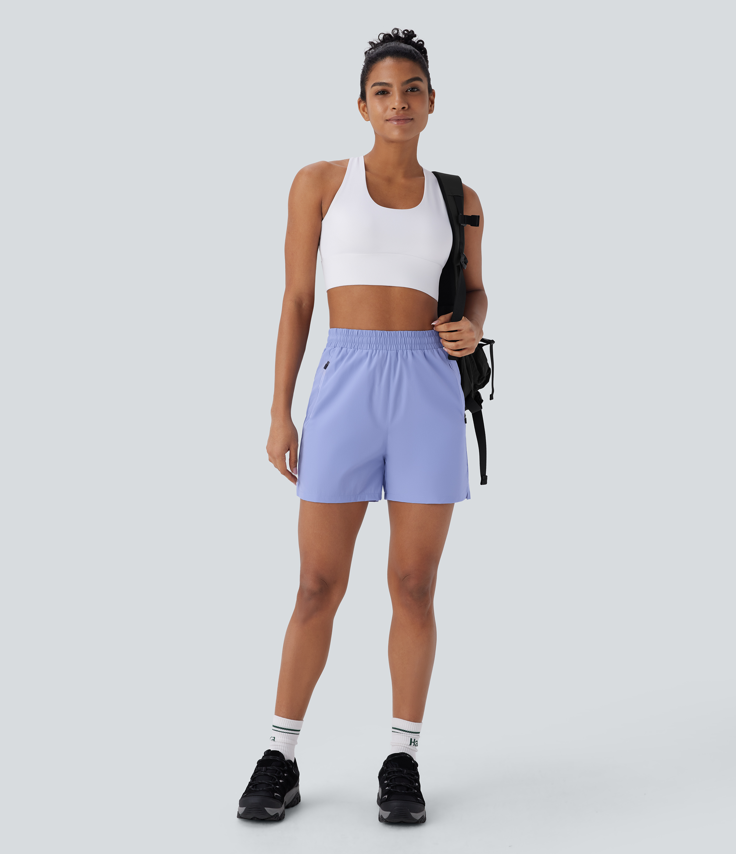 Halara Water Repellent Wear-Resistant High Waisted Inside Drawstring Multiple Zipper Pockets Split Hiking Shorts Gym Short - Azure Haze - L 