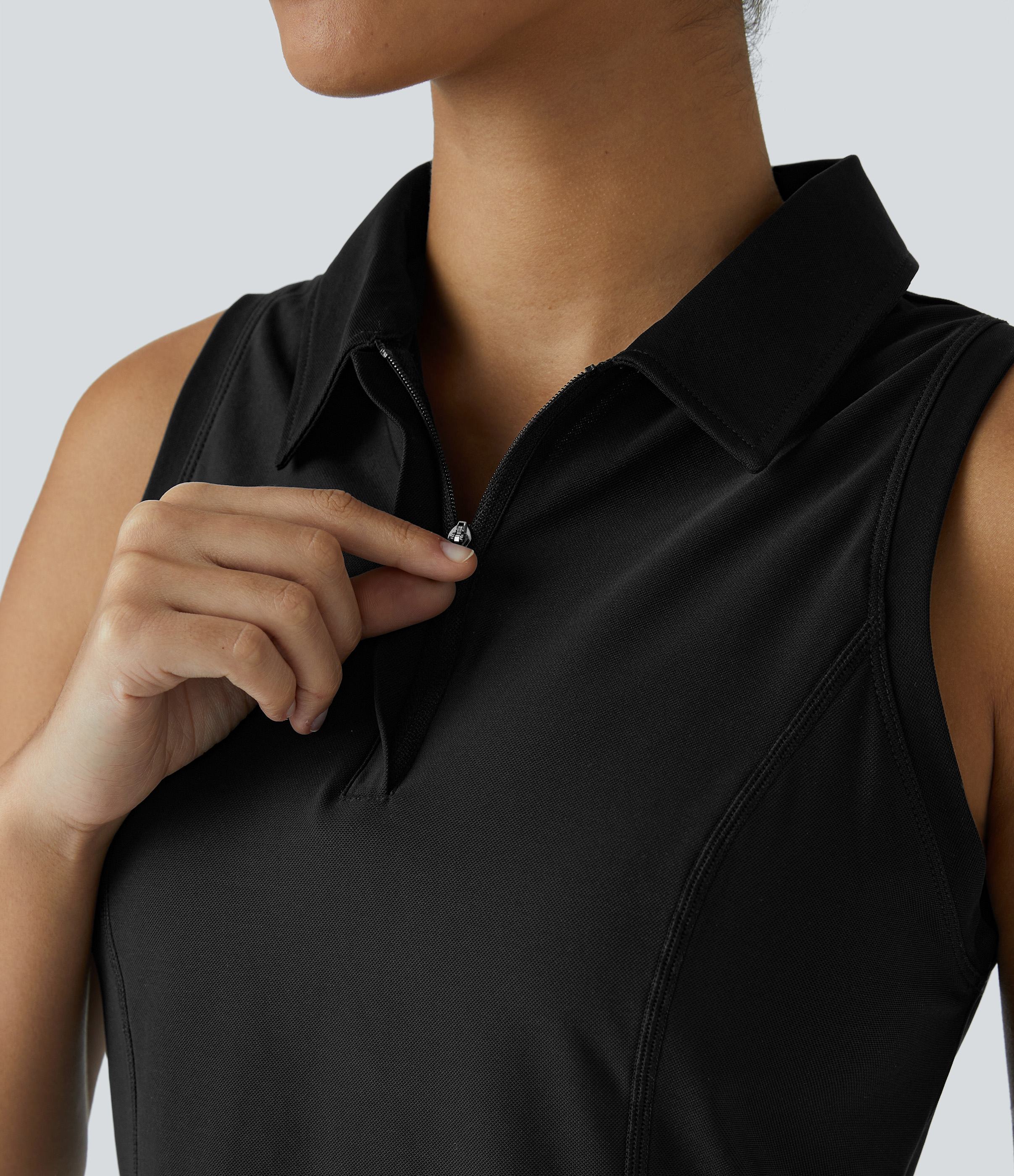 Halara Collared Zipper Curved Hem Cool Touch Golf Tank Top Tank Top - Black - XS golf tops halter top tunic tops sleeveless tops backless top 