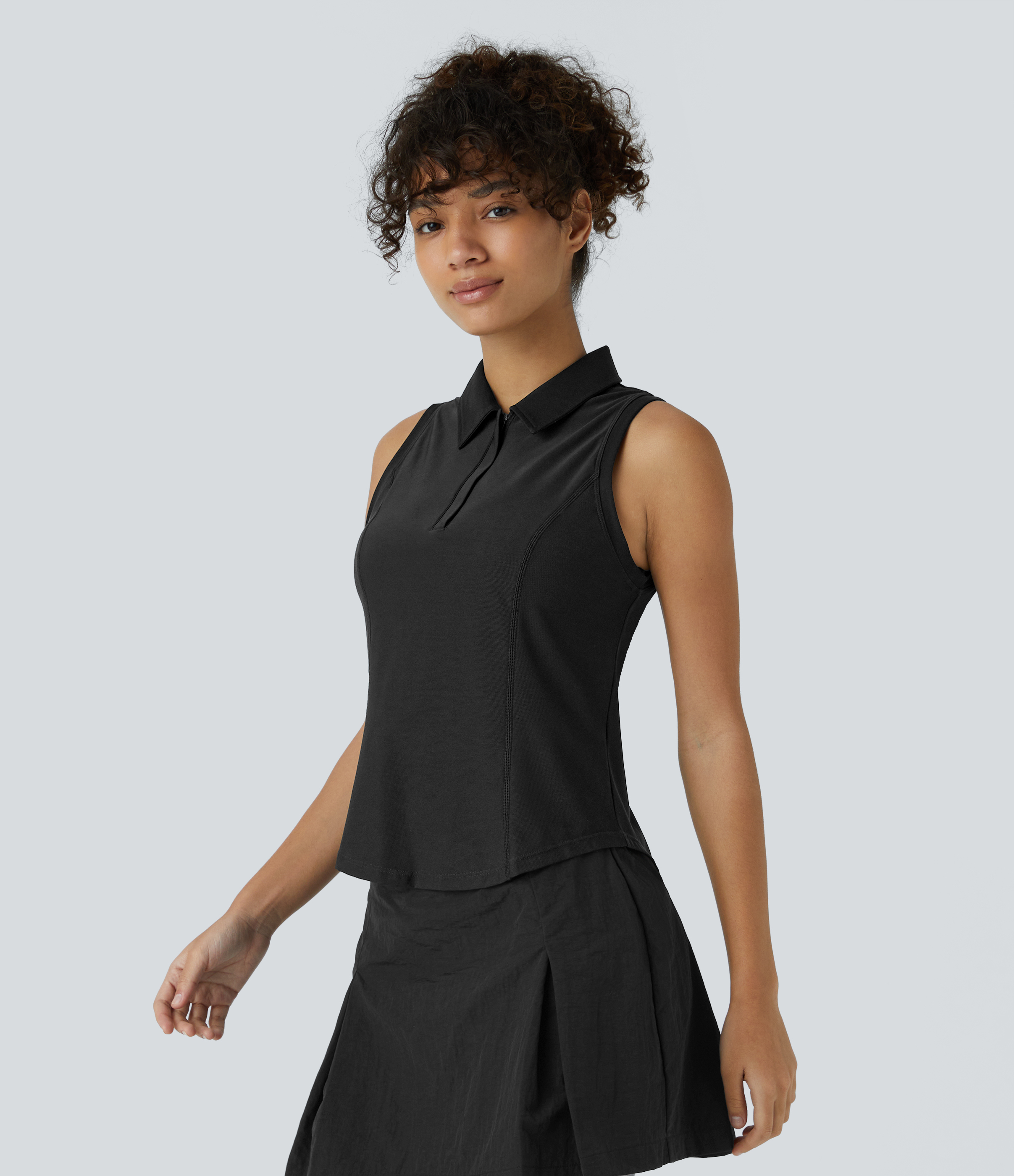 Halara Collared Zipper Curved Hem Cool Touch Golf Tank Top Tank Top - Black - XS golf tops halter top tunic tops sleeveless tops backless top 