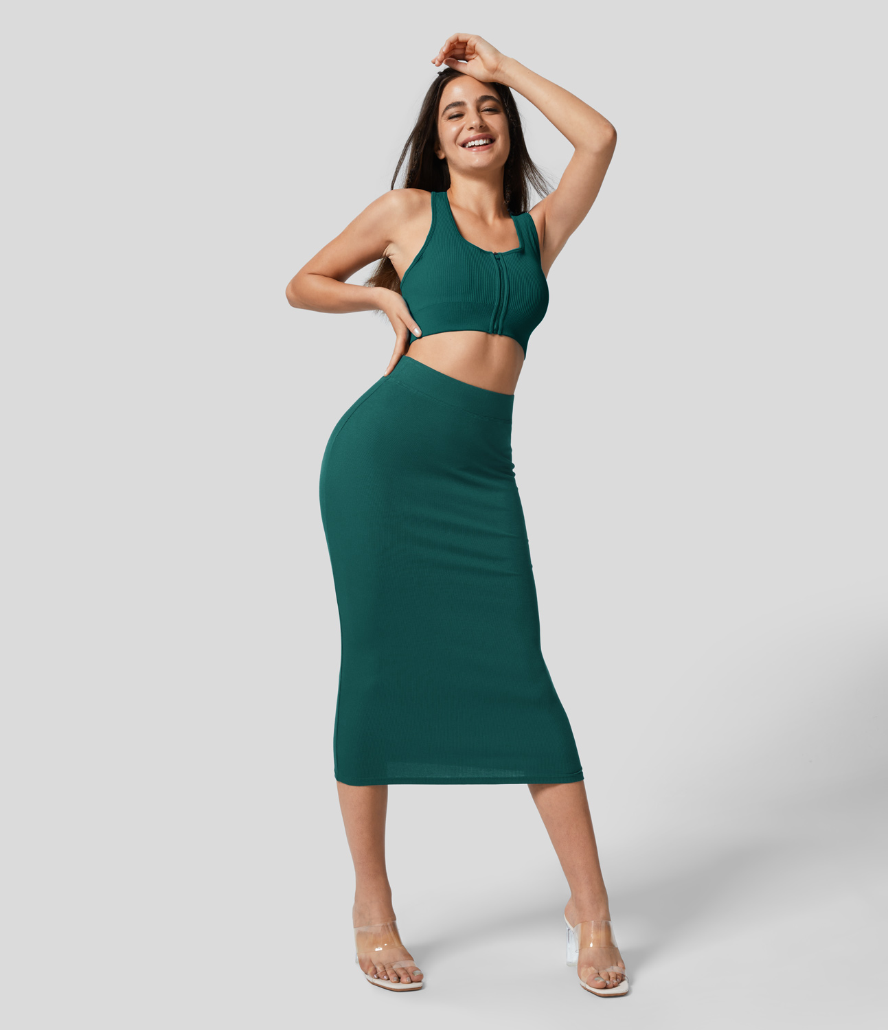 Halara Ribbed High Waisted Bodycon Midi Casual Skirt  - Teal Green - XL(regular) 
