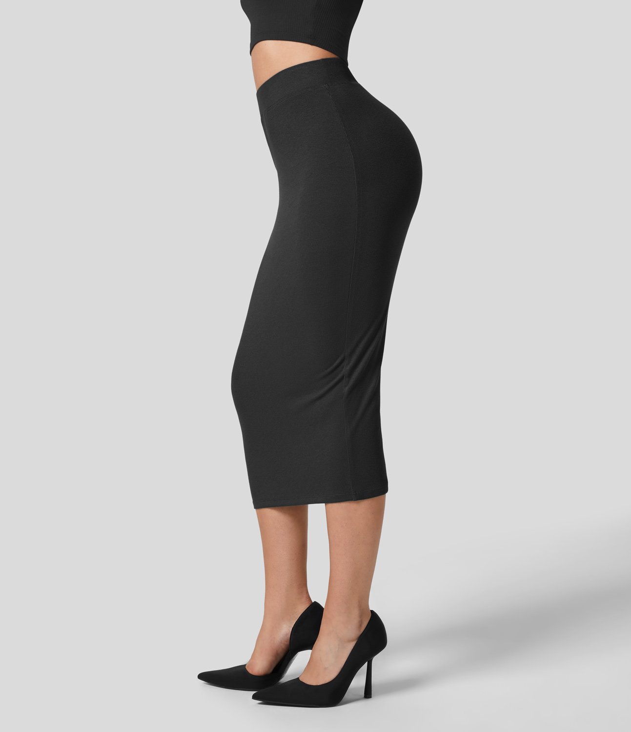Halara Ribbed High Waisted Bodycon Midi Casual Skirt  - Black - L(regular) 