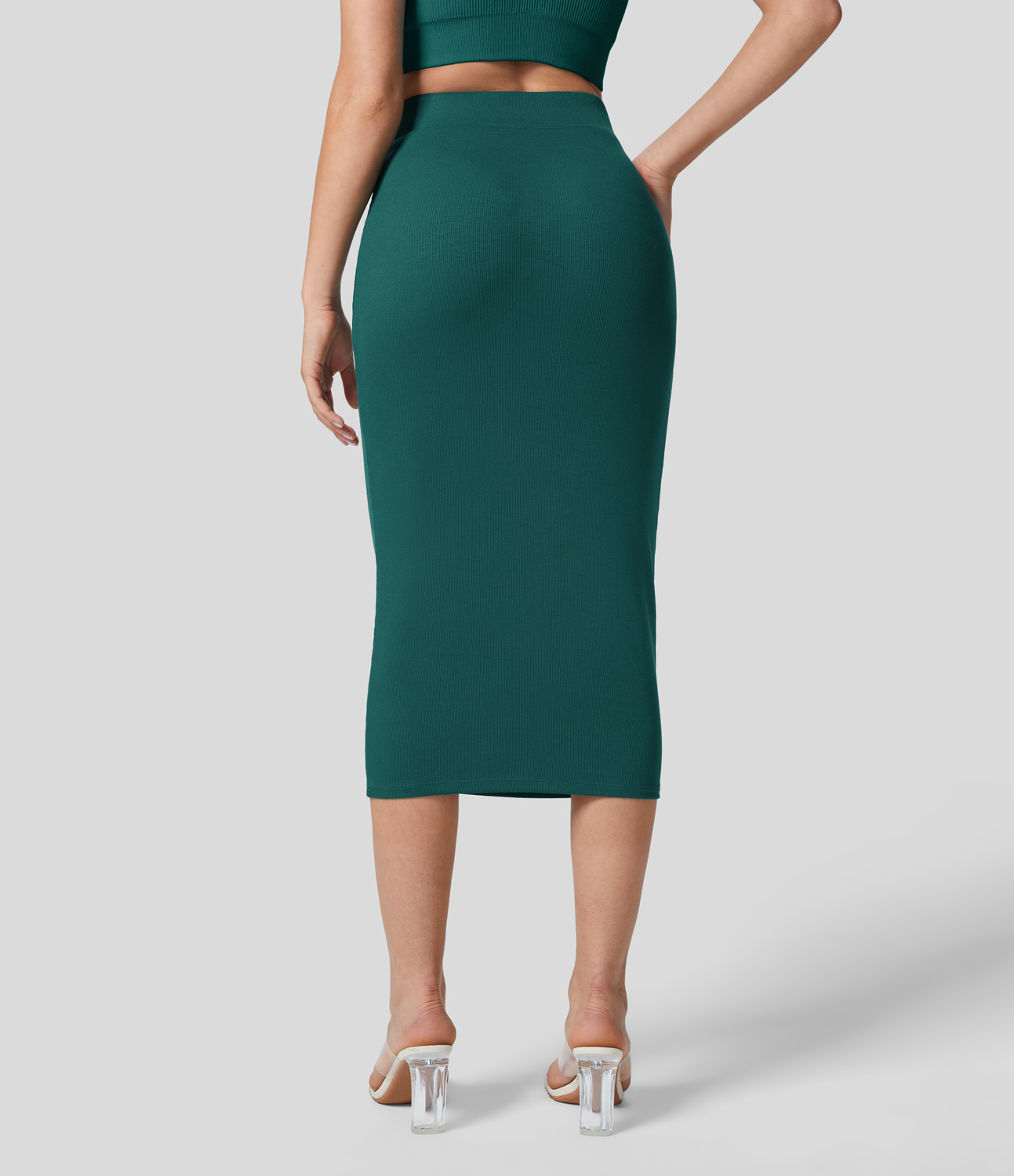 Halara Ribbed High Waisted Bodycon Midi Casual Skirt  - Teal Green - XL(regular) 