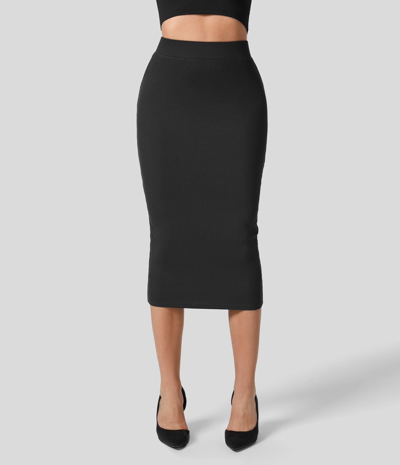 Halara Ribbed High Waisted Bodycon Midi Casual Skirt  - Black - L(regular) 