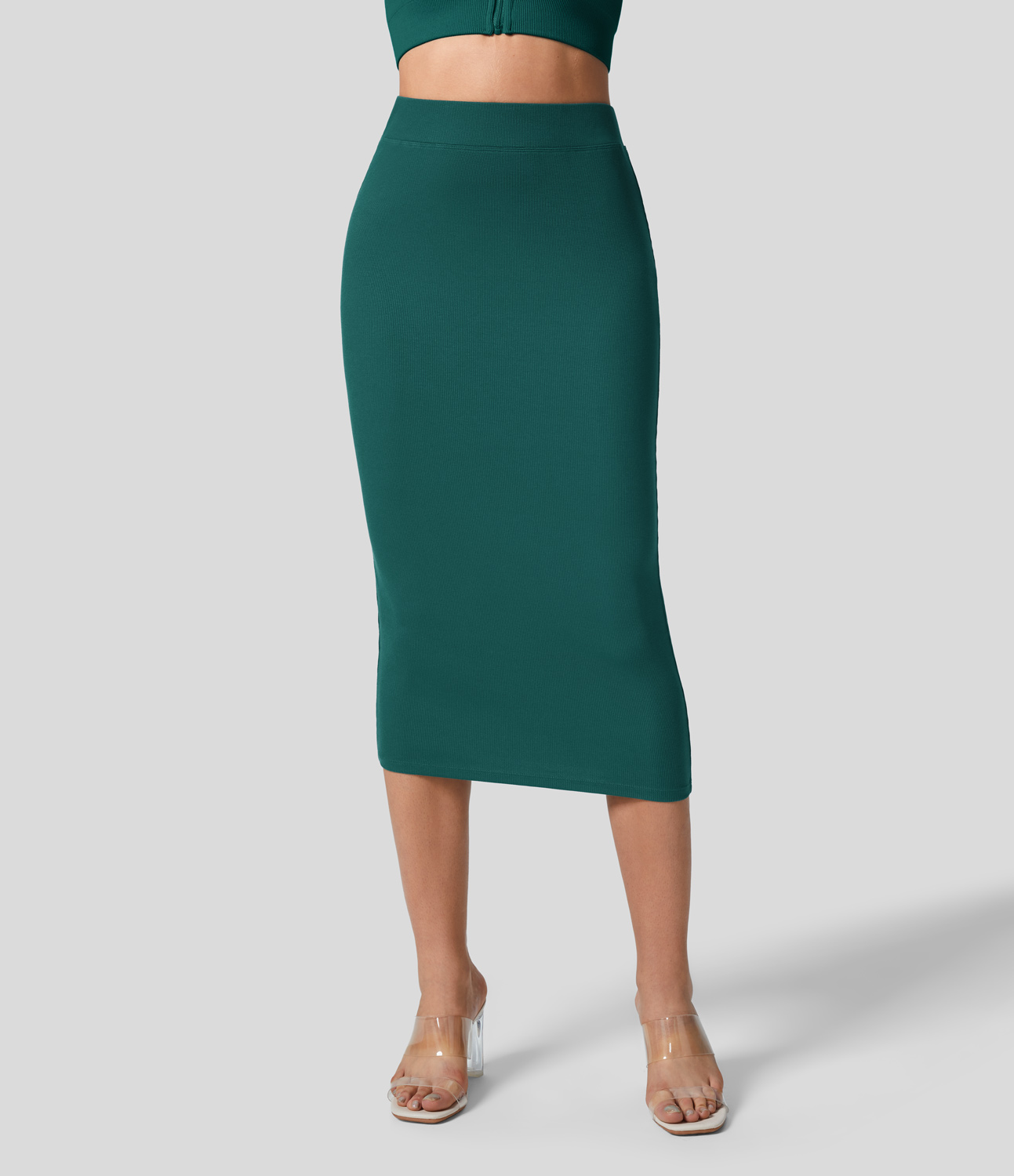 Halara Ribbed High Waisted Bodycon Midi Casual Skirt  - Teal Green - XL(regular) 
