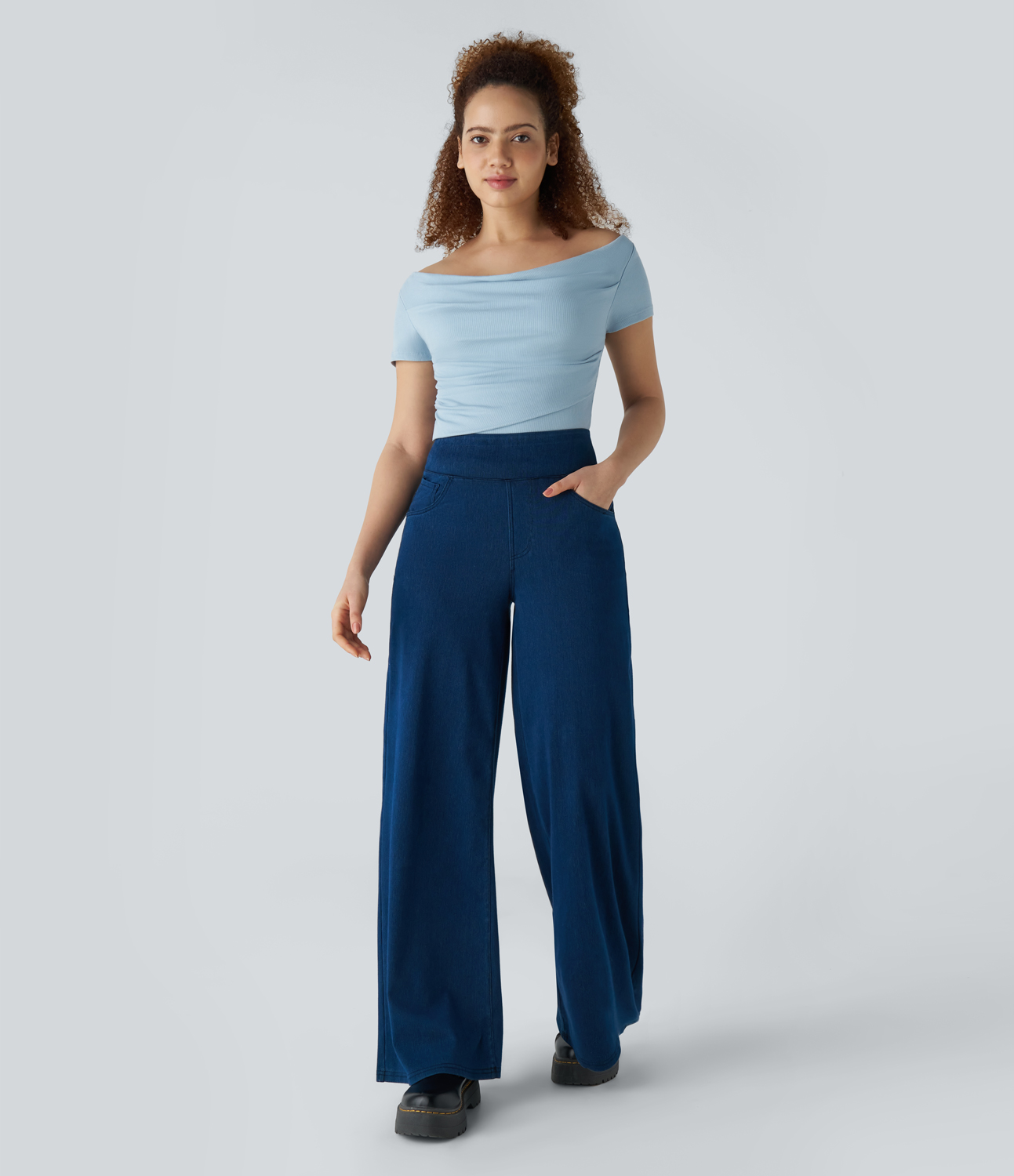 Halara Ribbed Knit Boat Neck Ruched Curved Hem Skinny Casual Top Tank Top - Light Grey Blue - M golf tops halter top tunic tops 